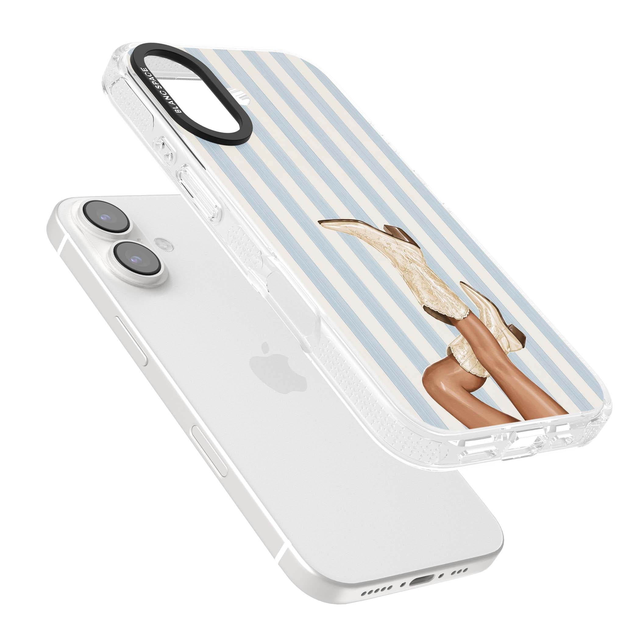 Cowgirl Boots coastal cowgirl iPhone case featuring embroidered western boots, tanned legs and a blue stripe backdrop | Clear Case Impact Air case for iPhone 16, iPhone 16 Plus