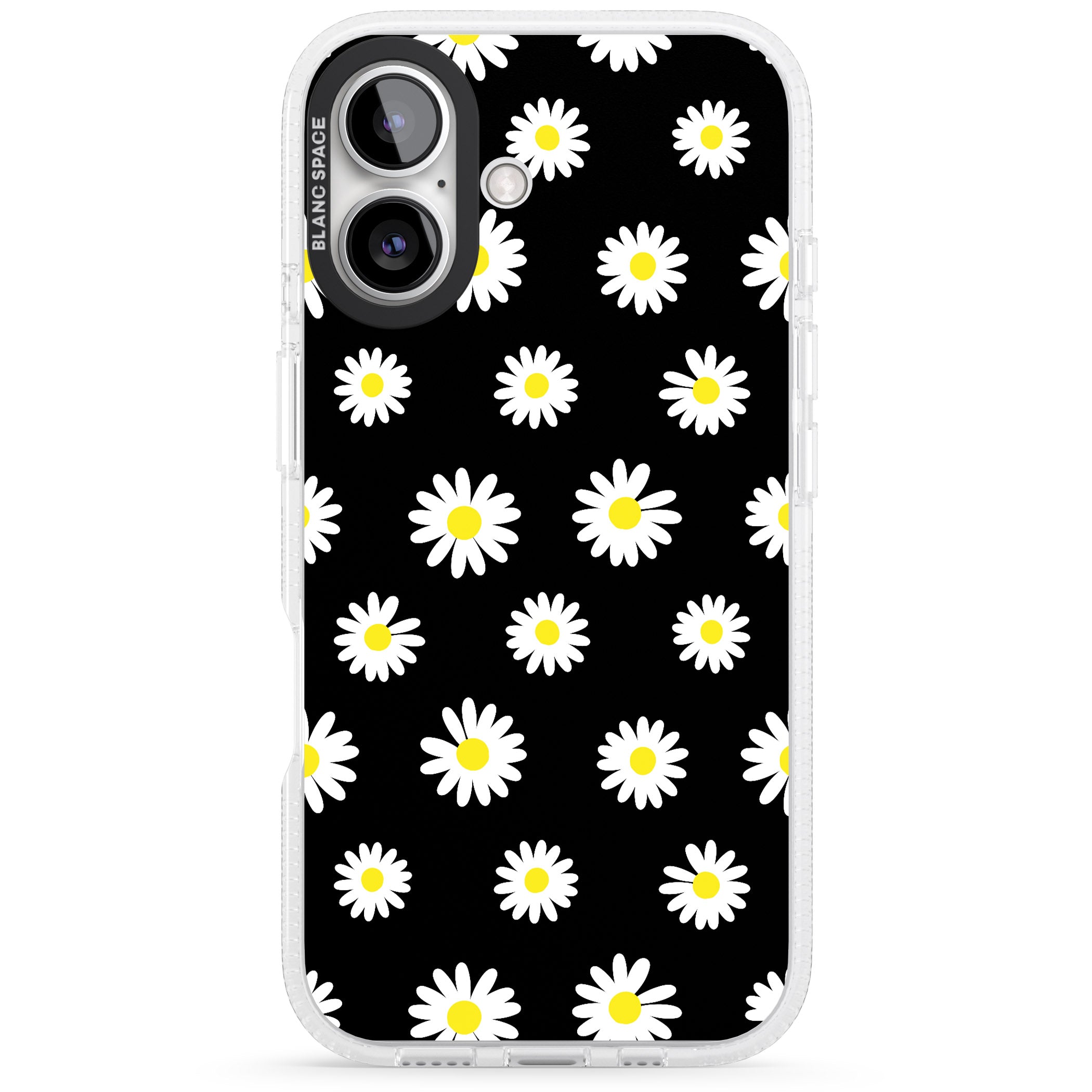 White Daisy Pattern (Black) iPhone 16 / 16 Plus Clear Case Impact Air - Blanc Space