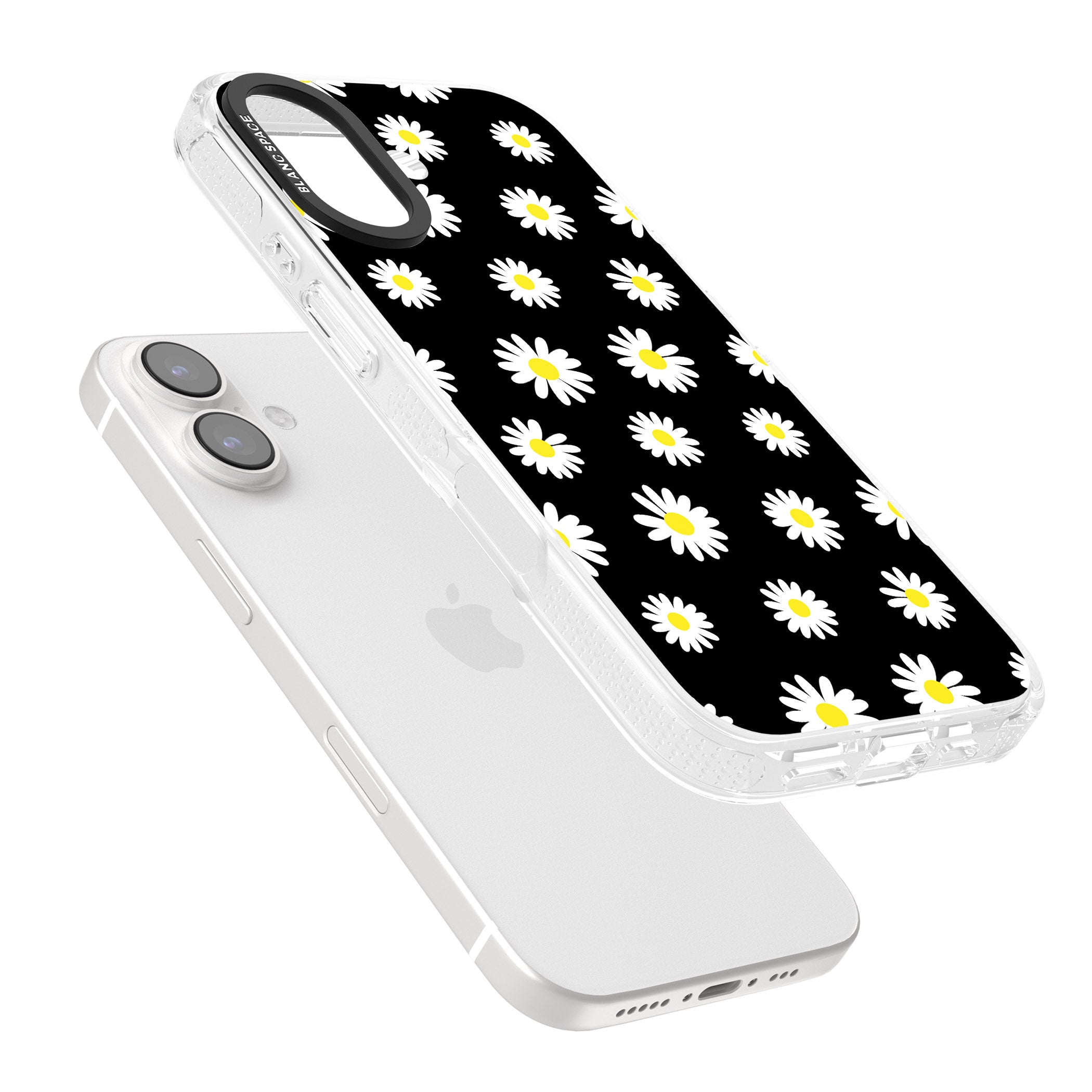 White Daisy Pattern (Black) iPhone 16 / 16 Plus Clear Case Impact Air - Blanc Space