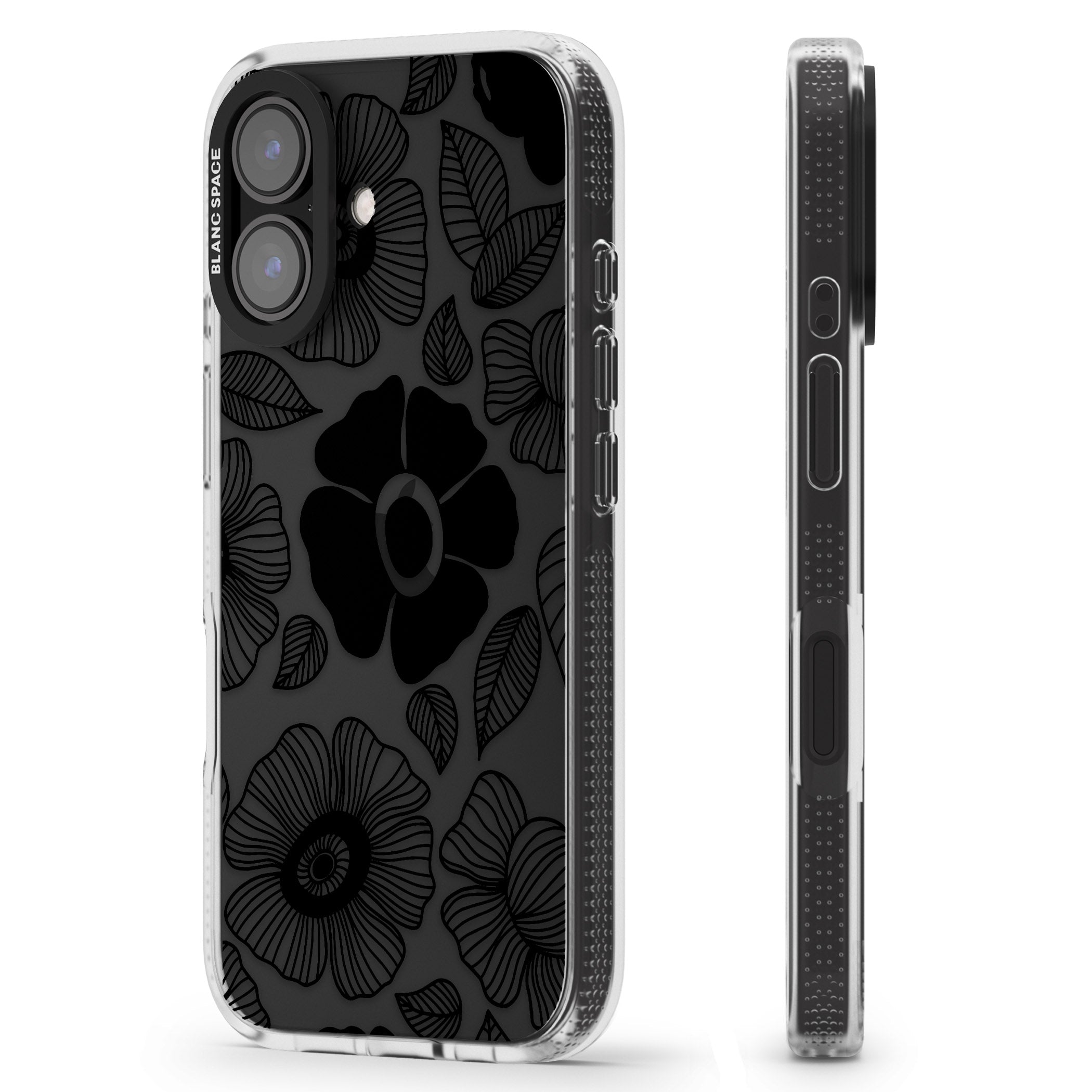 Black Flowers iPhone 16 / 16 Plus Clear Case Impact Air - Blanc Space