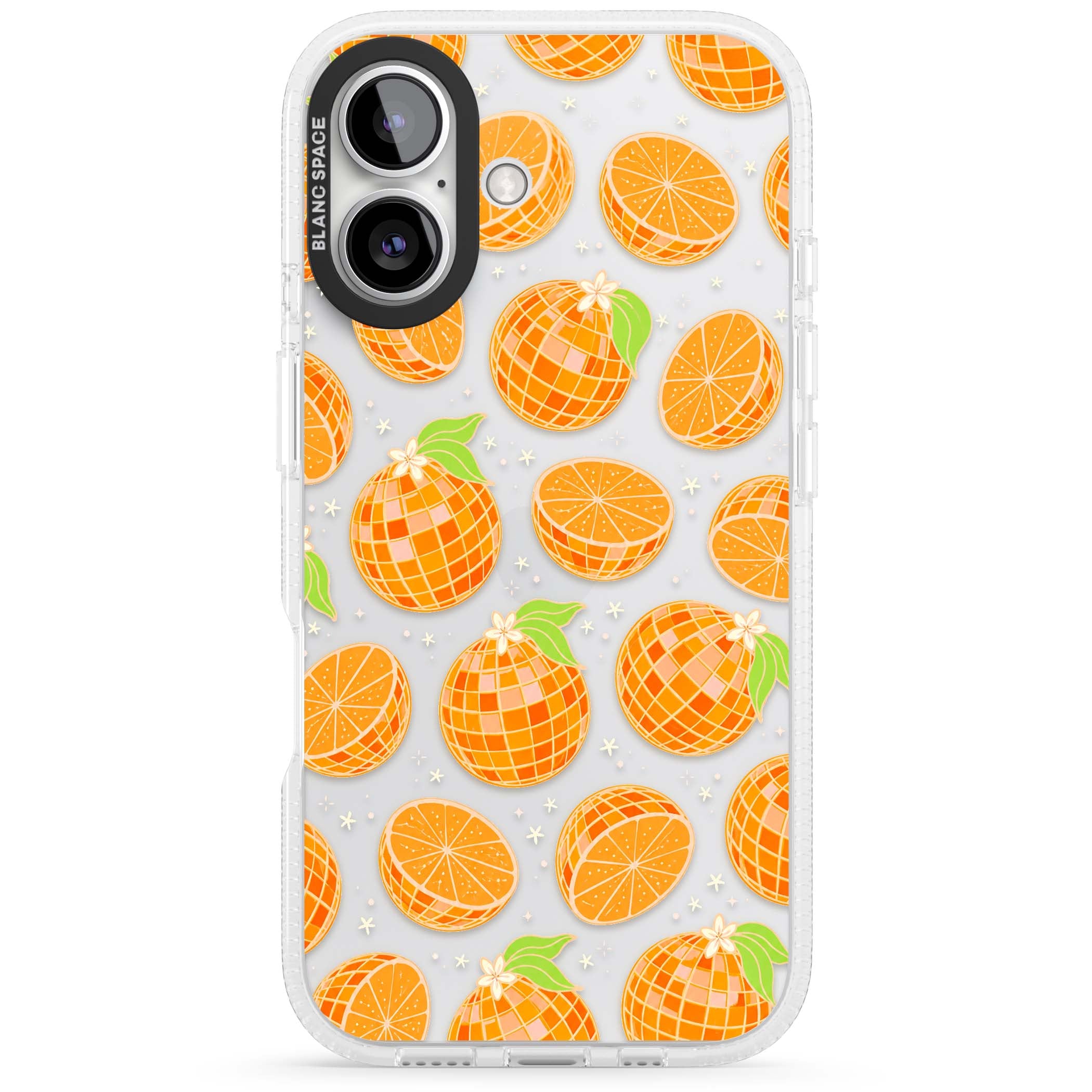 Disco Oranges retro iPhone case featuring mirrorball oranges, citrus slices and tiny blossoms on clear | Clear Case Impact Air case for iPhone 16, iPhone 16 Plus