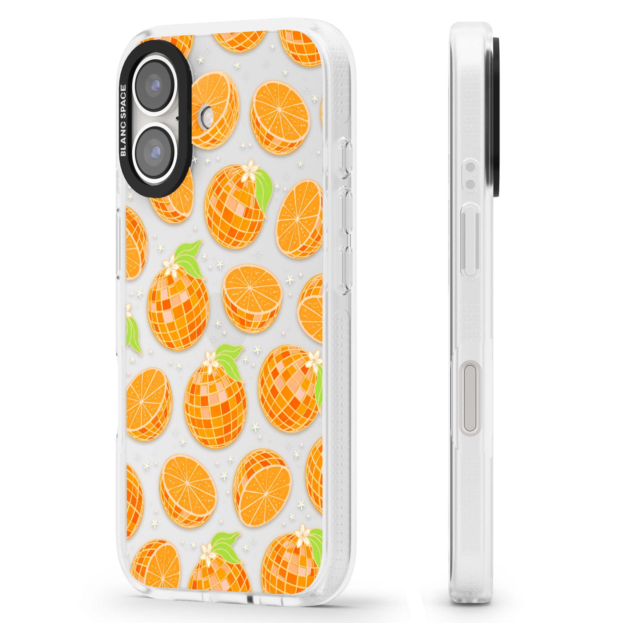 Disco Oranges retro iPhone case featuring mirrorball oranges, citrus slices and tiny blossoms on clear | Clear Case Impact Air case for iPhone 16, iPhone 16 Plus