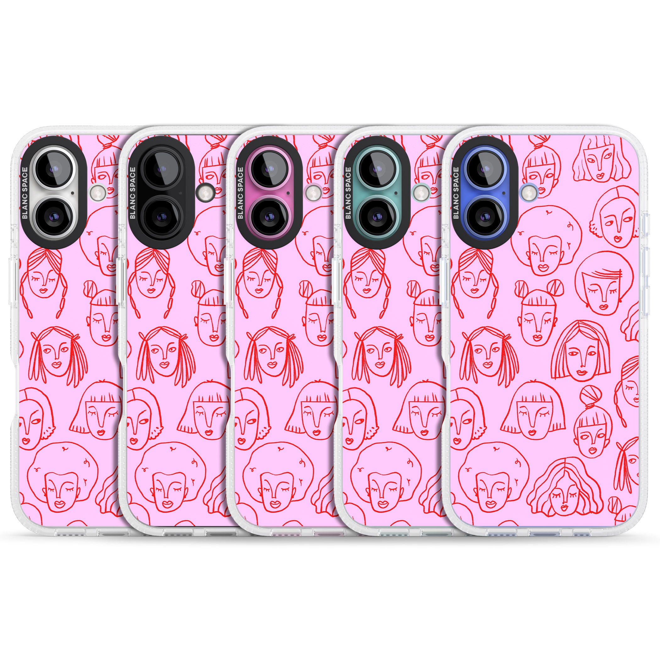 Girl Portrait Doodles in Pink & Red iPhone 16 / 16 Plus Clear Case Impact Air - Blanc Space