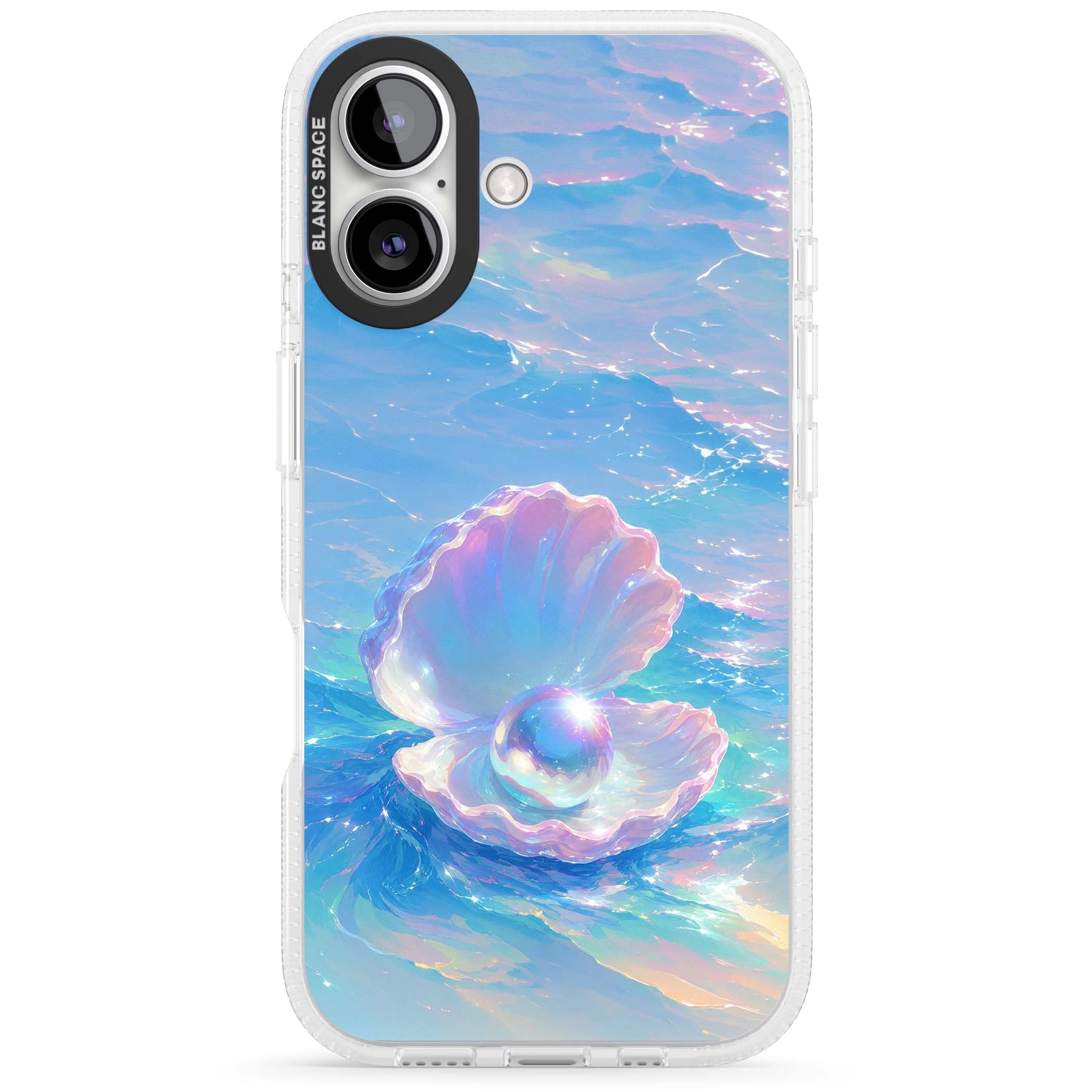 The Pearl Clam mermaidcore iPhone case featuring iridescent seashell, glowing pearl and pastel ocean waves | Clear Case Impact Air case for iPhone 16, iPhone 16 Plus