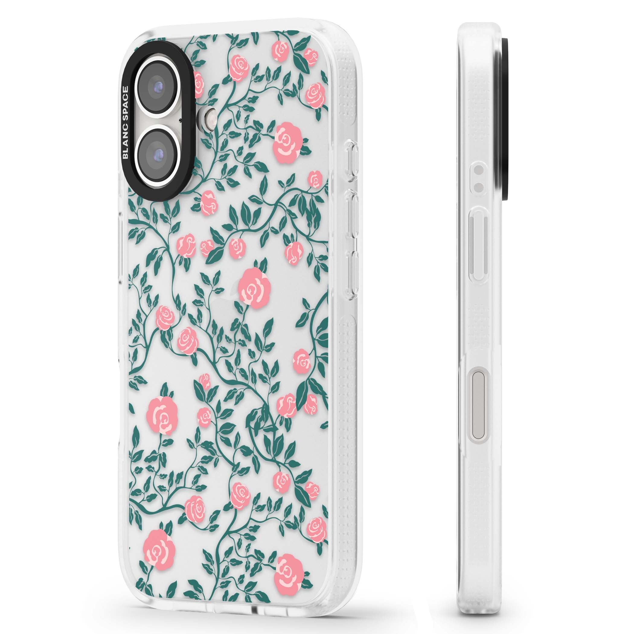 Rose Trellis (Clear) cottagecore iPhone case featuring pink climbing roses and green leaves on clear background | Clear Case Impact Air case for iPhone 16, iPhone 16 Plus