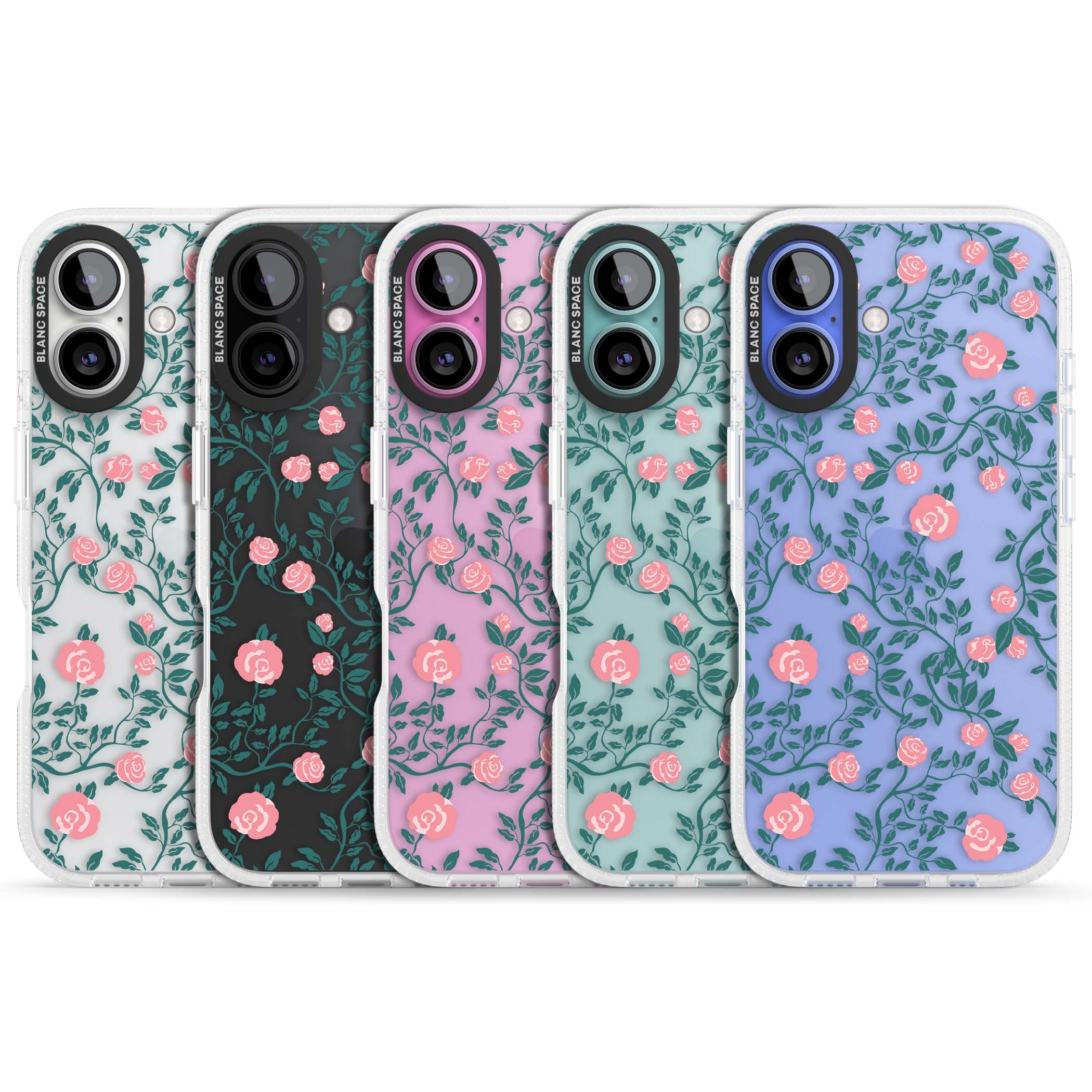 Rose Trellis (Clear) cottagecore iPhone case featuring pink climbing roses and green leaves on clear background | Clear Case Impact Air case for iPhone 16, iPhone 16 Plus
