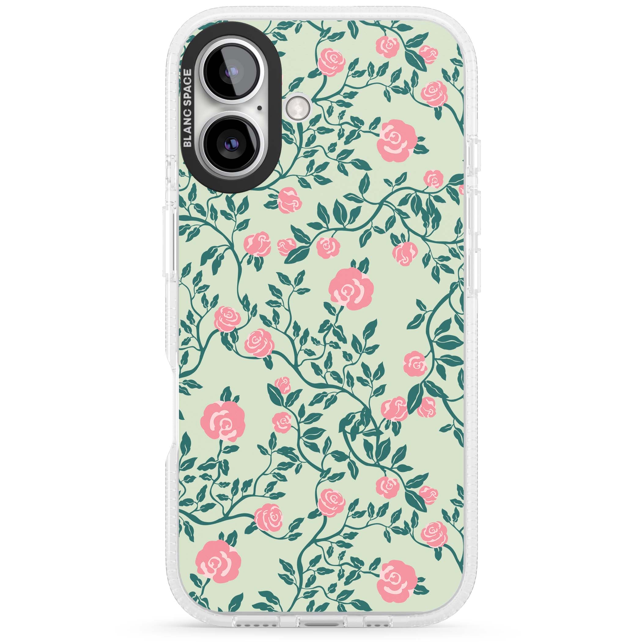 Rose Trellis cottagecore iPhone case featuring pink roses, sage green vines, and mint background | Clear Case Impact Air case for iPhone 16, iPhone 16 Plus
