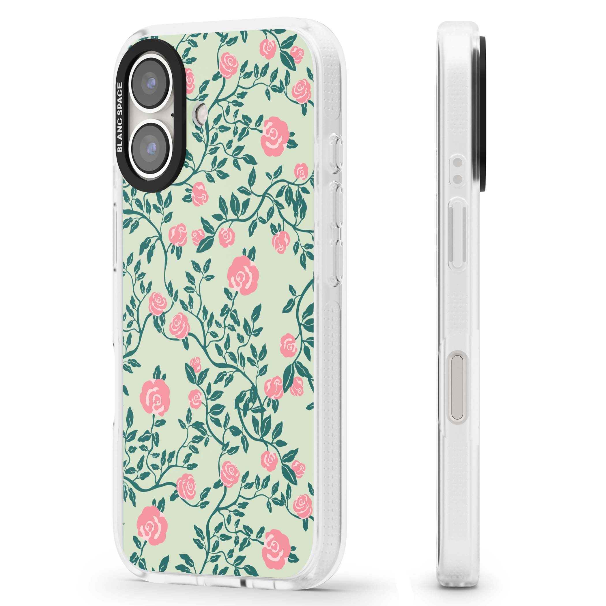 Rose Trellis cottagecore iPhone case featuring pink roses, sage green vines, and mint background | Clear Case Impact Air case for iPhone 16, iPhone 16 Plus