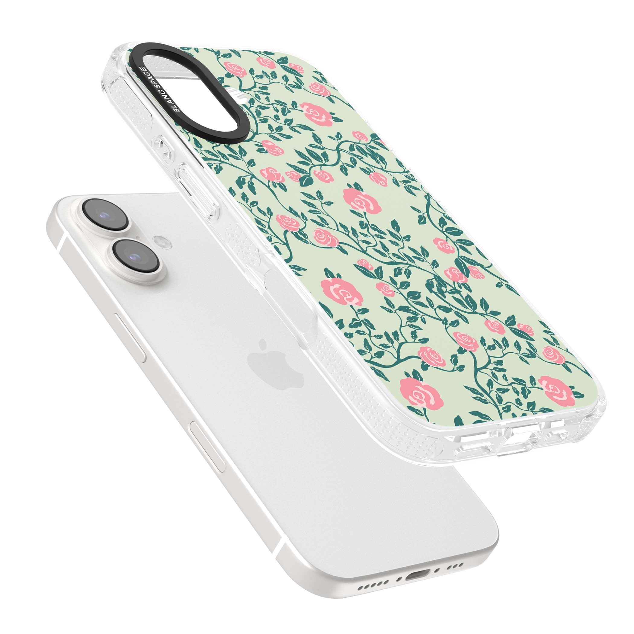 Rose Trellis cottagecore iPhone case featuring pink roses, sage green vines, and mint background | Clear Case Impact Air case for iPhone 16, iPhone 16 Plus