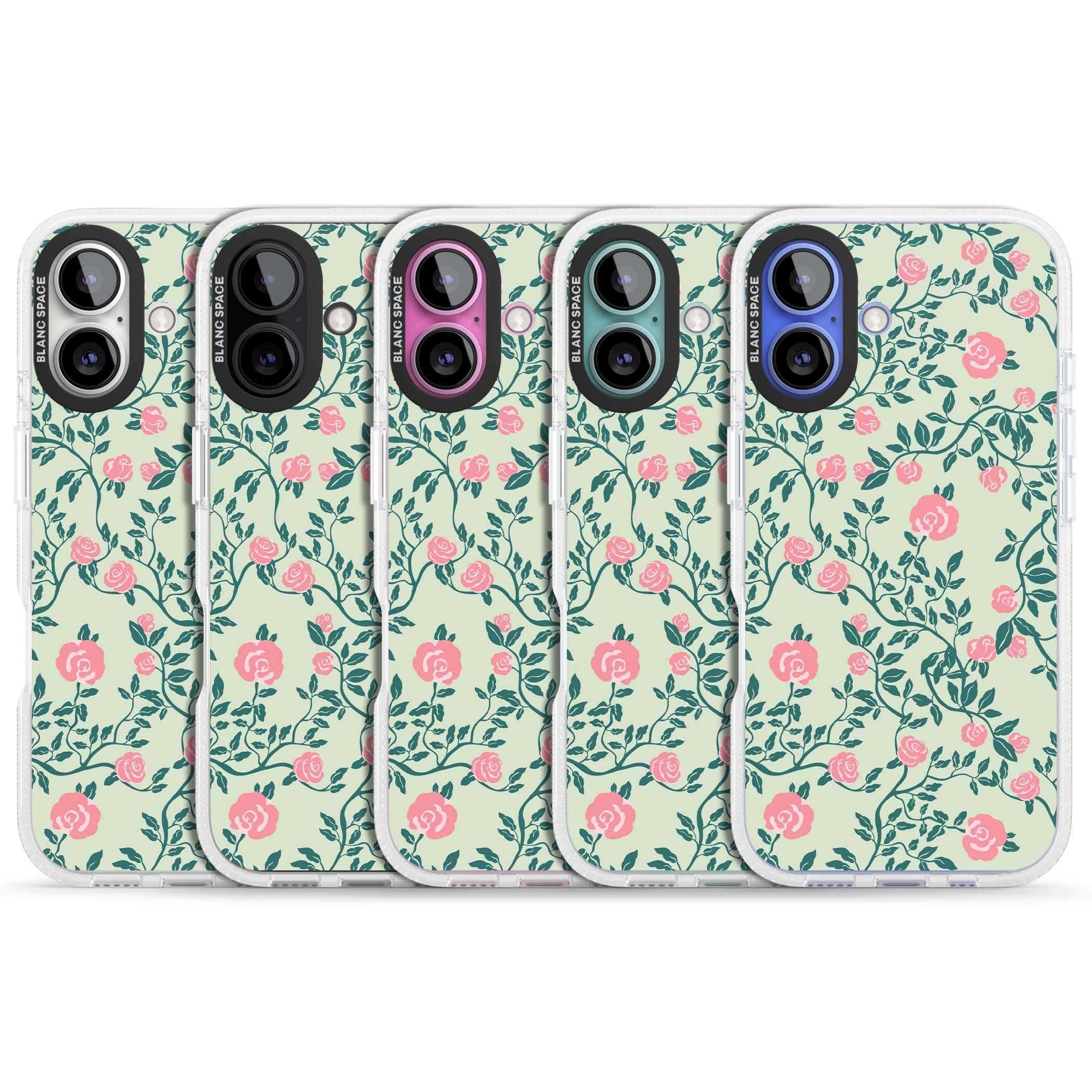Rose Trellis cottagecore iPhone case featuring pink roses, sage green vines, and mint background | Clear Case Impact Air case for iPhone 16, iPhone 16 Plus