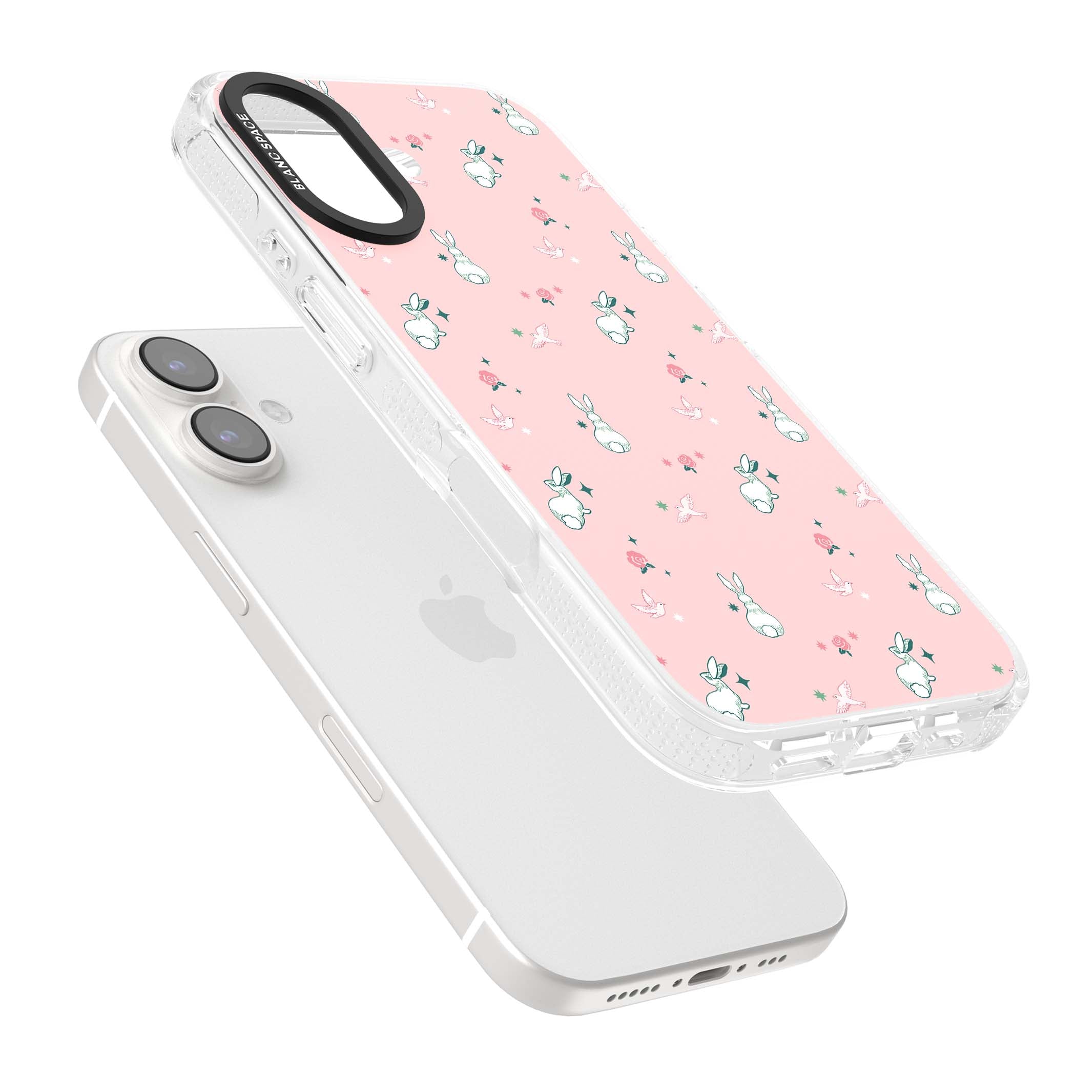 Bunny Garden kawaii iPhone case featuring white rabbits, pink roses, doves and stars on pink background | Clear Case Impact Air case for iPhone 16, iPhone 16 Plus
