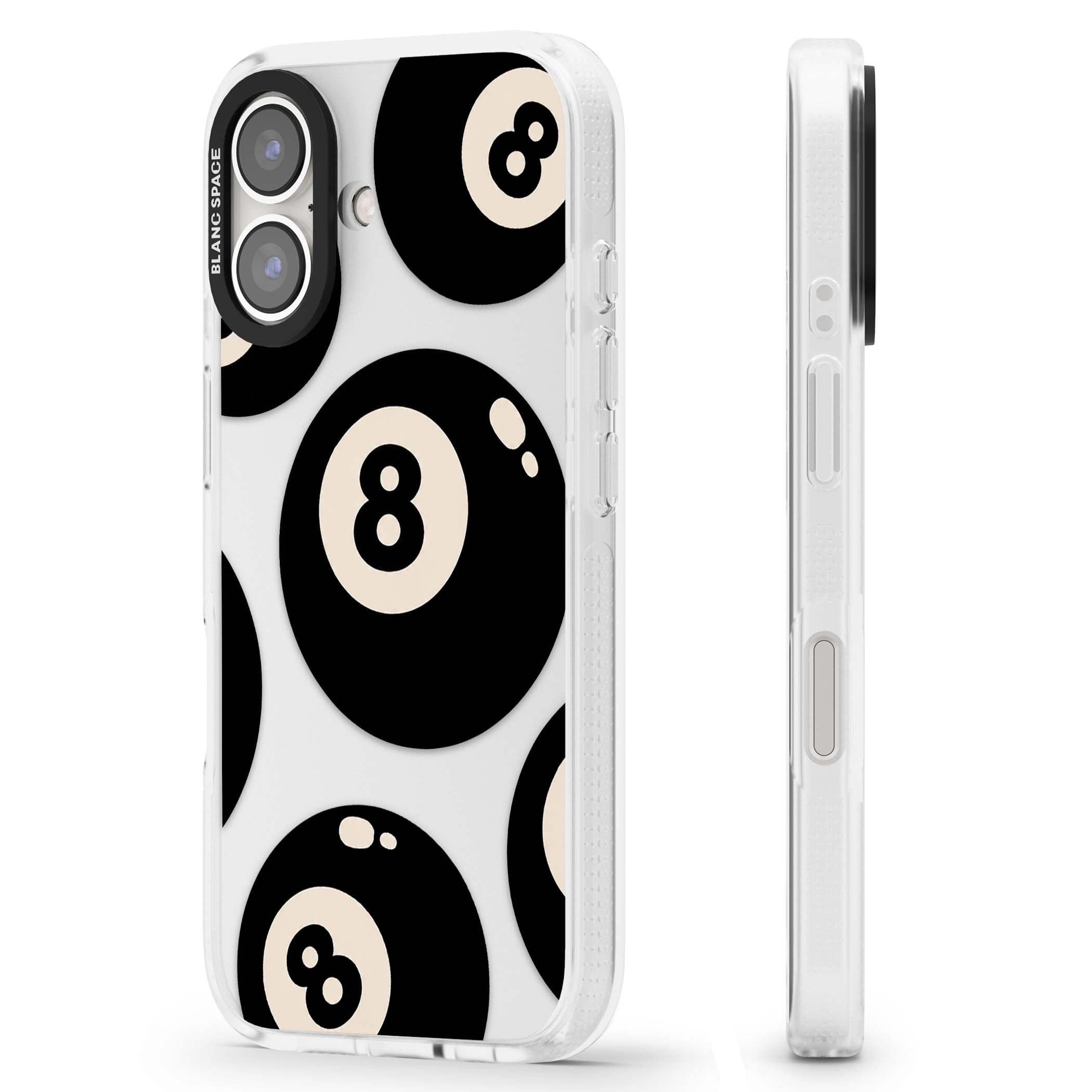 Eights y2k iPhone case featuring scattered black 8 balls with cream highlights on a clear background | Clear Case Impact Air case for iPhone 16, iPhone 16 Plus