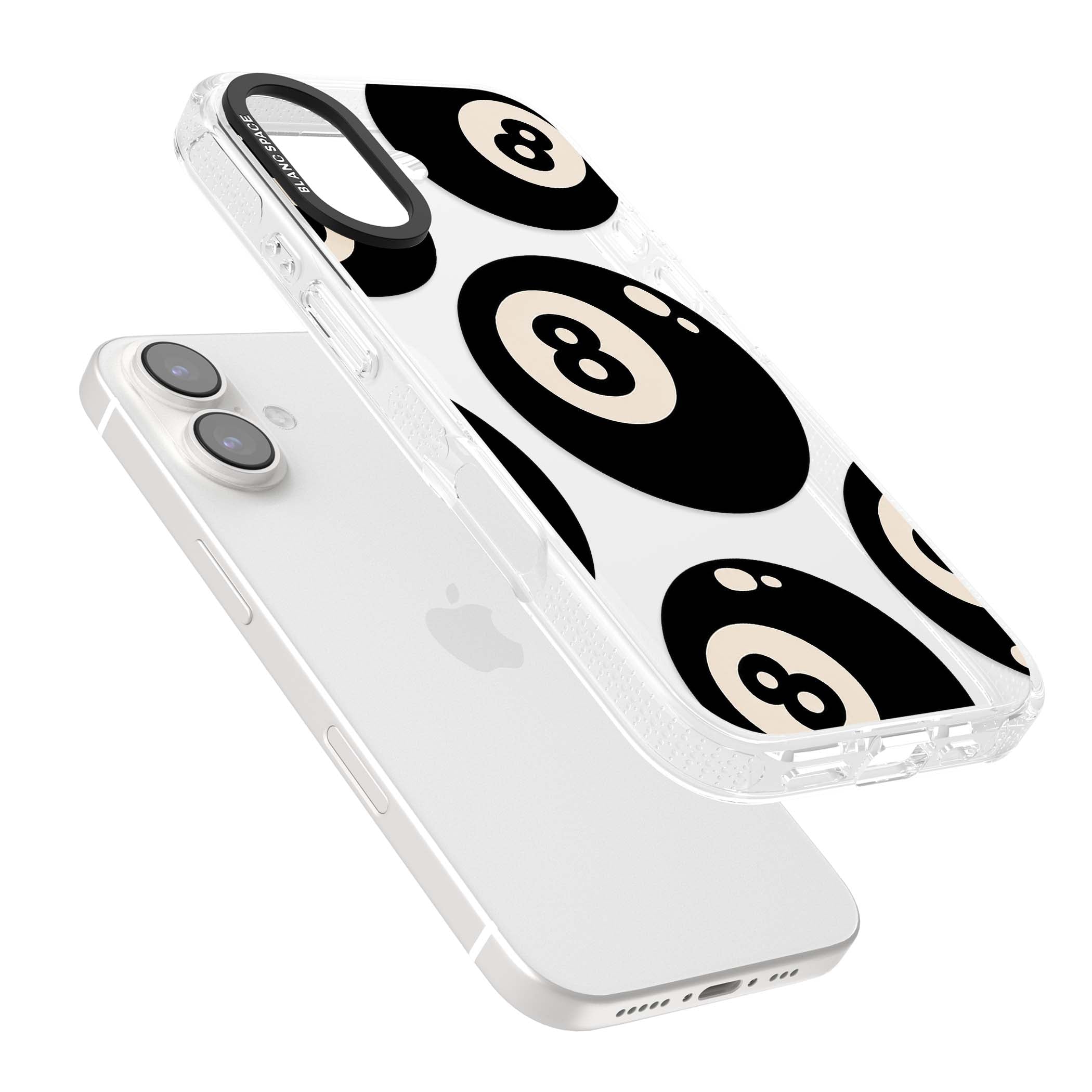 Eights y2k iPhone case featuring scattered black 8 balls with cream highlights on a clear background | Clear Case Impact Air case for iPhone 16, iPhone 16 Plus