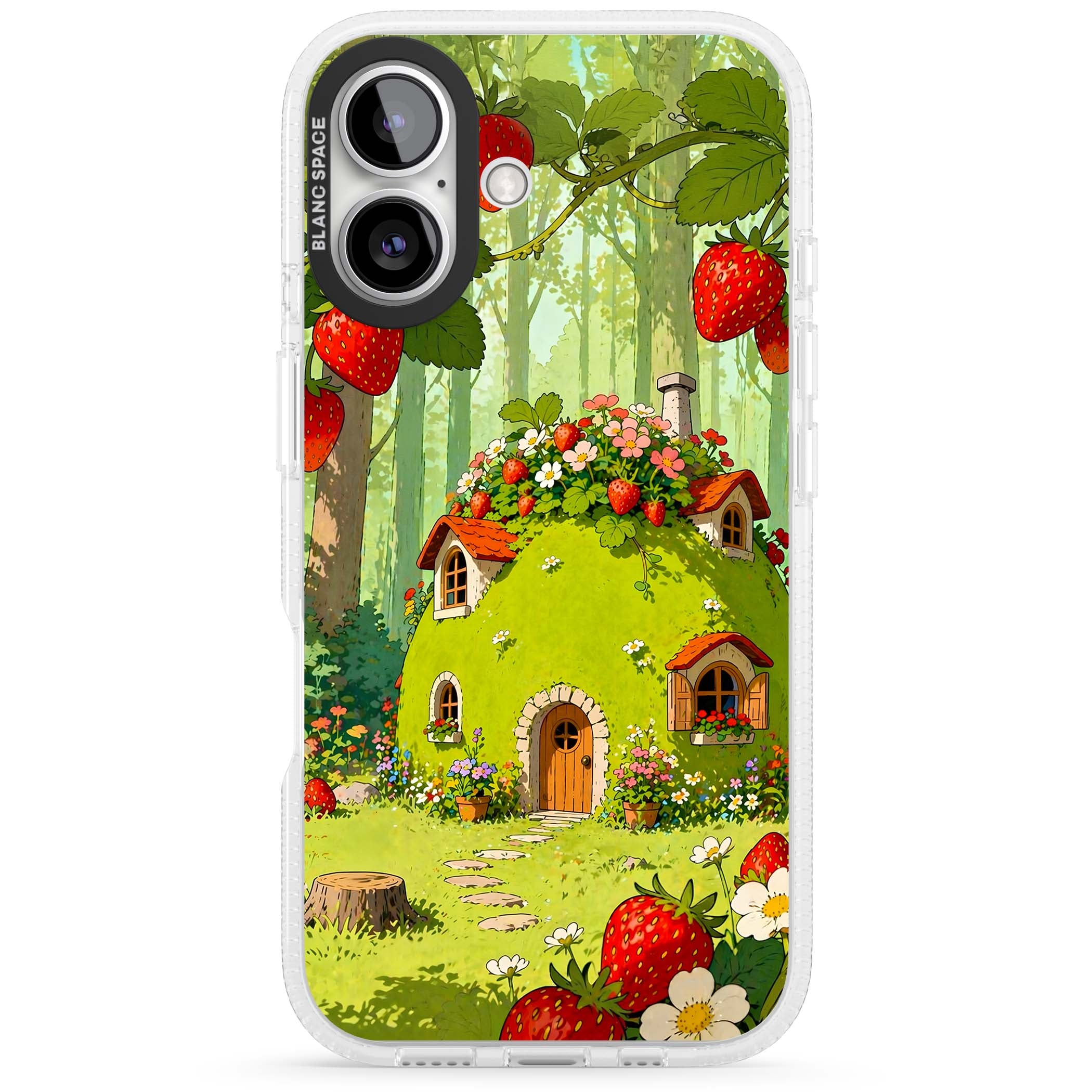 Strawberry Cottage cottagecore iPhone case featuring a green fairy house, wild strawberries and enchanted forest flowers | Clear Case Impact Air case for iPhone 16, iPhone 16 Plus