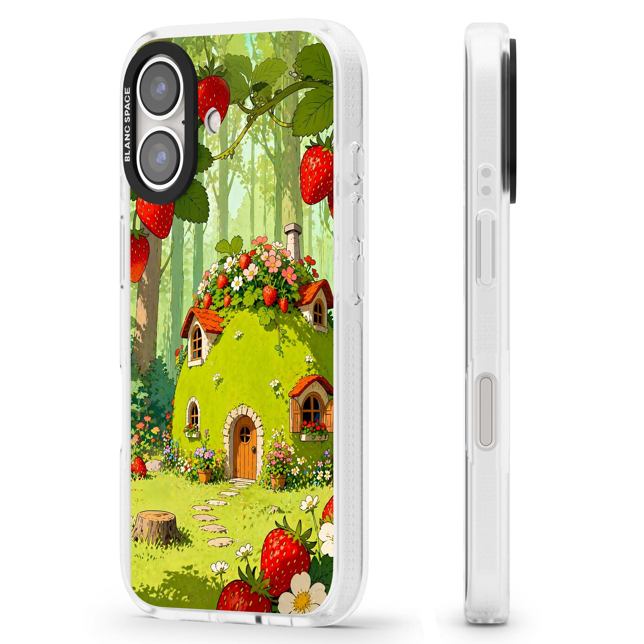 Strawberry Cottage cottagecore iPhone case featuring a green fairy house, wild strawberries and enchanted forest flowers | Clear Case Impact Air case for iPhone 16, iPhone 16 Plus