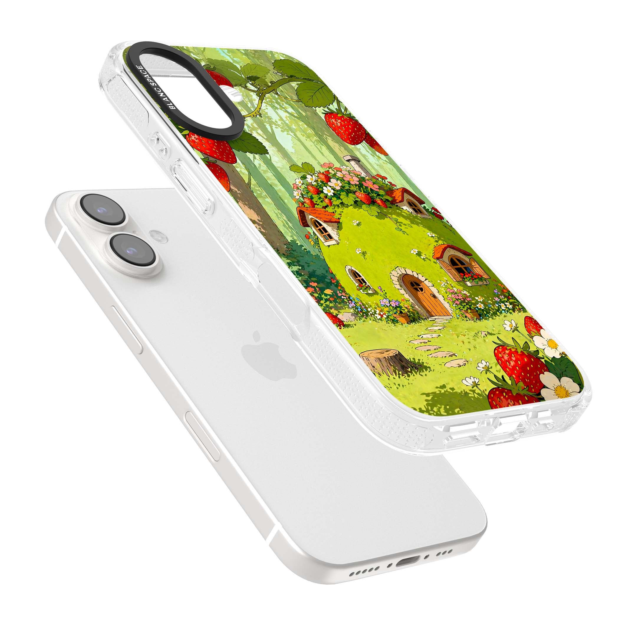 Strawberry Cottage cottagecore iPhone case featuring a green fairy house, wild strawberries and enchanted forest flowers | Clear Case Impact Air case for iPhone 16, iPhone 16 Plus