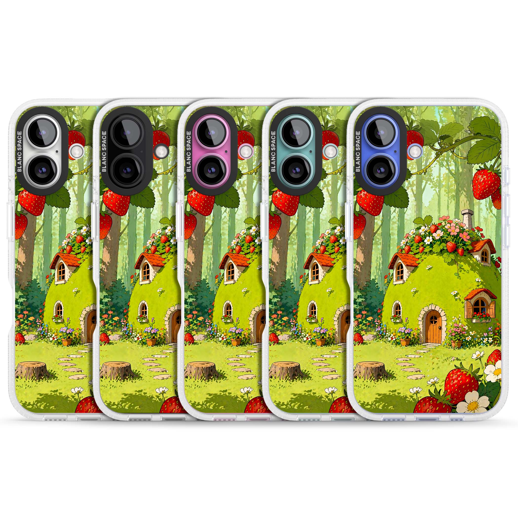 Strawberry Cottage cottagecore iPhone case featuring a green fairy house, wild strawberries and enchanted forest flowers | Clear Case Impact Air case for iPhone 16, iPhone 16 Plus