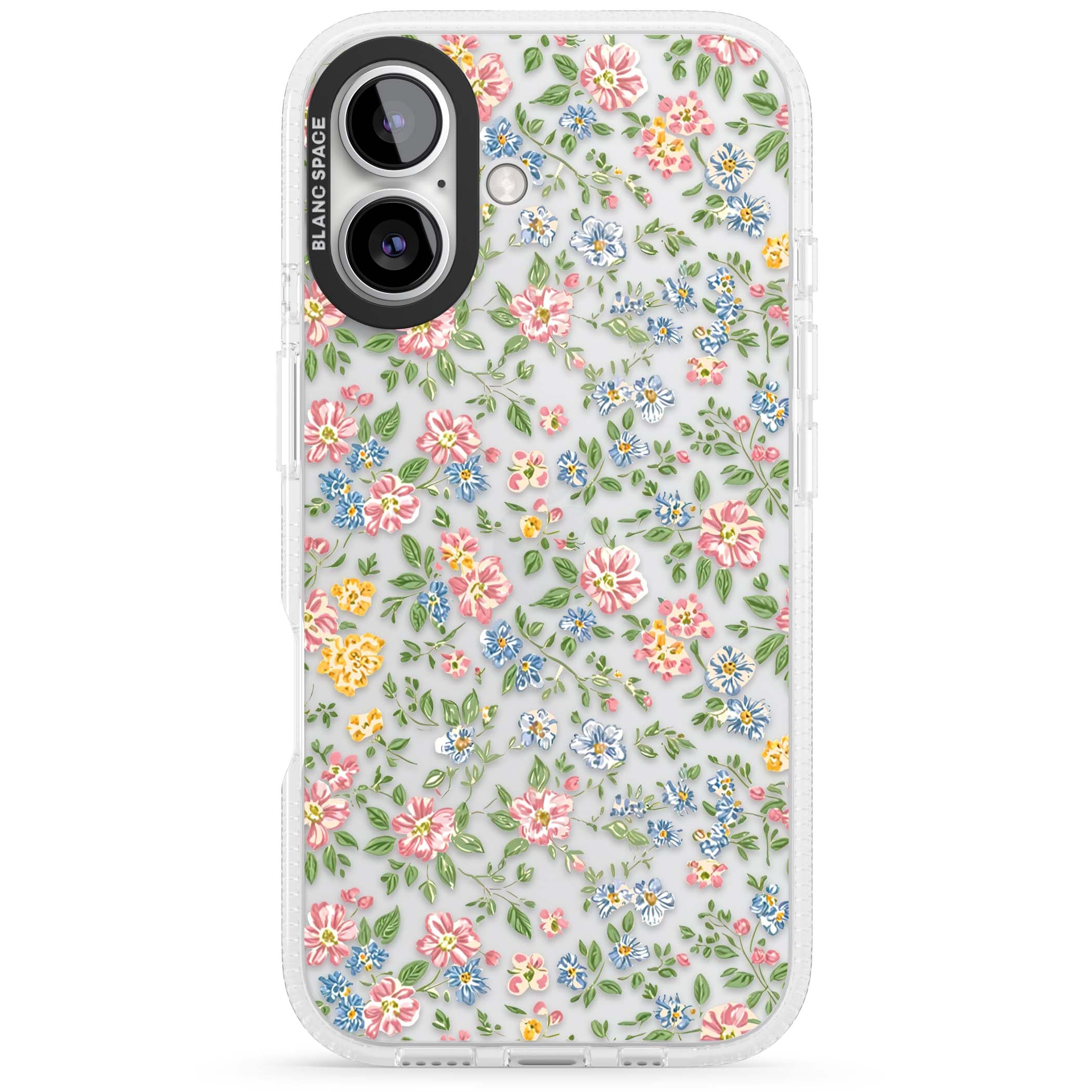 Soft Meadow cottagecore iPhone case featuring pink cosmos, blue forget-me-nots, yellow buttercups and green leaves sca | Clear Case Impact Air case for iPhone 16, iPhone 16 Plus