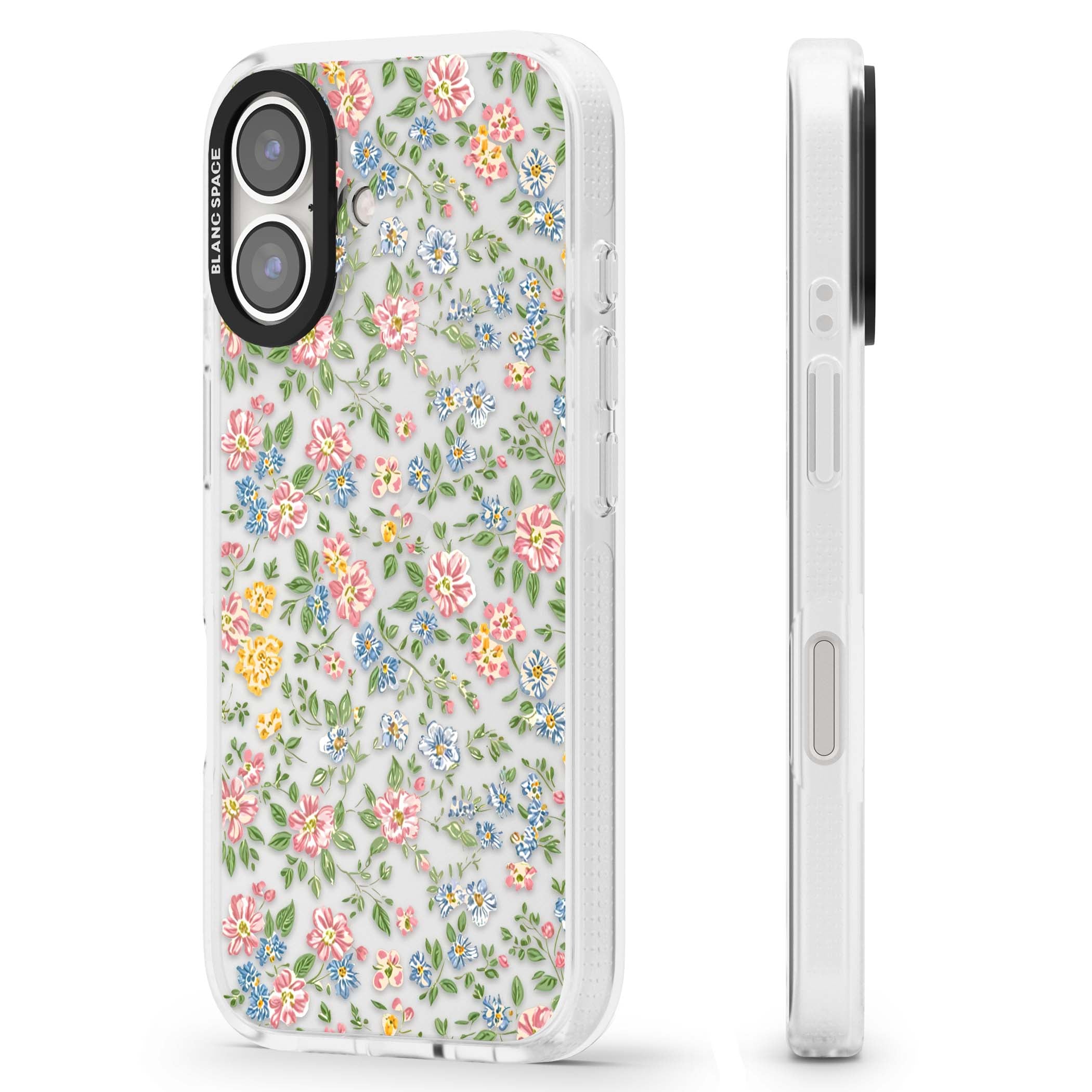 Soft Meadow cottagecore iPhone case featuring pink cosmos, blue forget-me-nots, yellow buttercups and green leaves sca | Clear Case Impact Air case for iPhone 16, iPhone 16 Plus