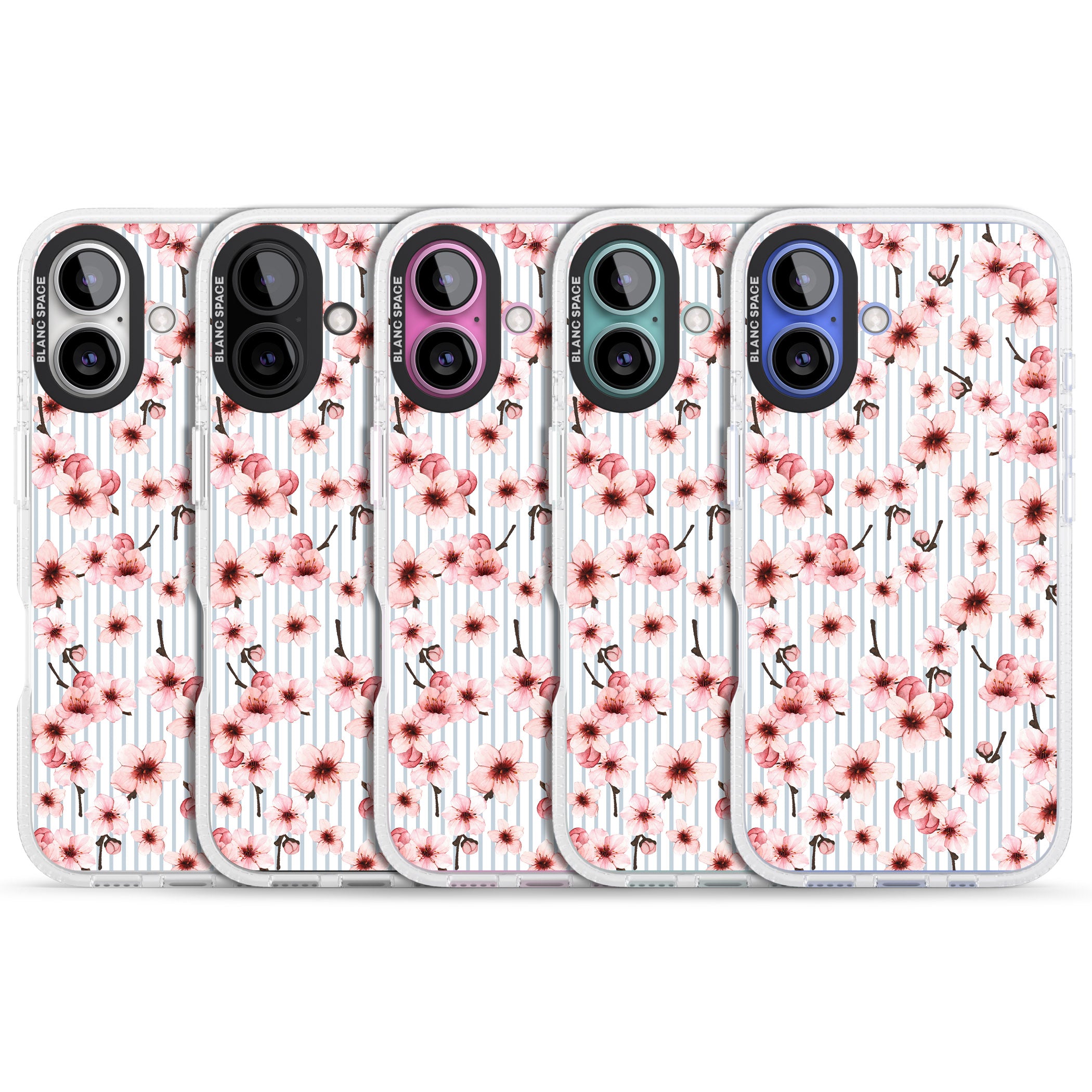 Cherry Blossoms on Blue Stripes Pattern iPhone 16 / 16 Plus Clear Case Impact Air - Blanc Space