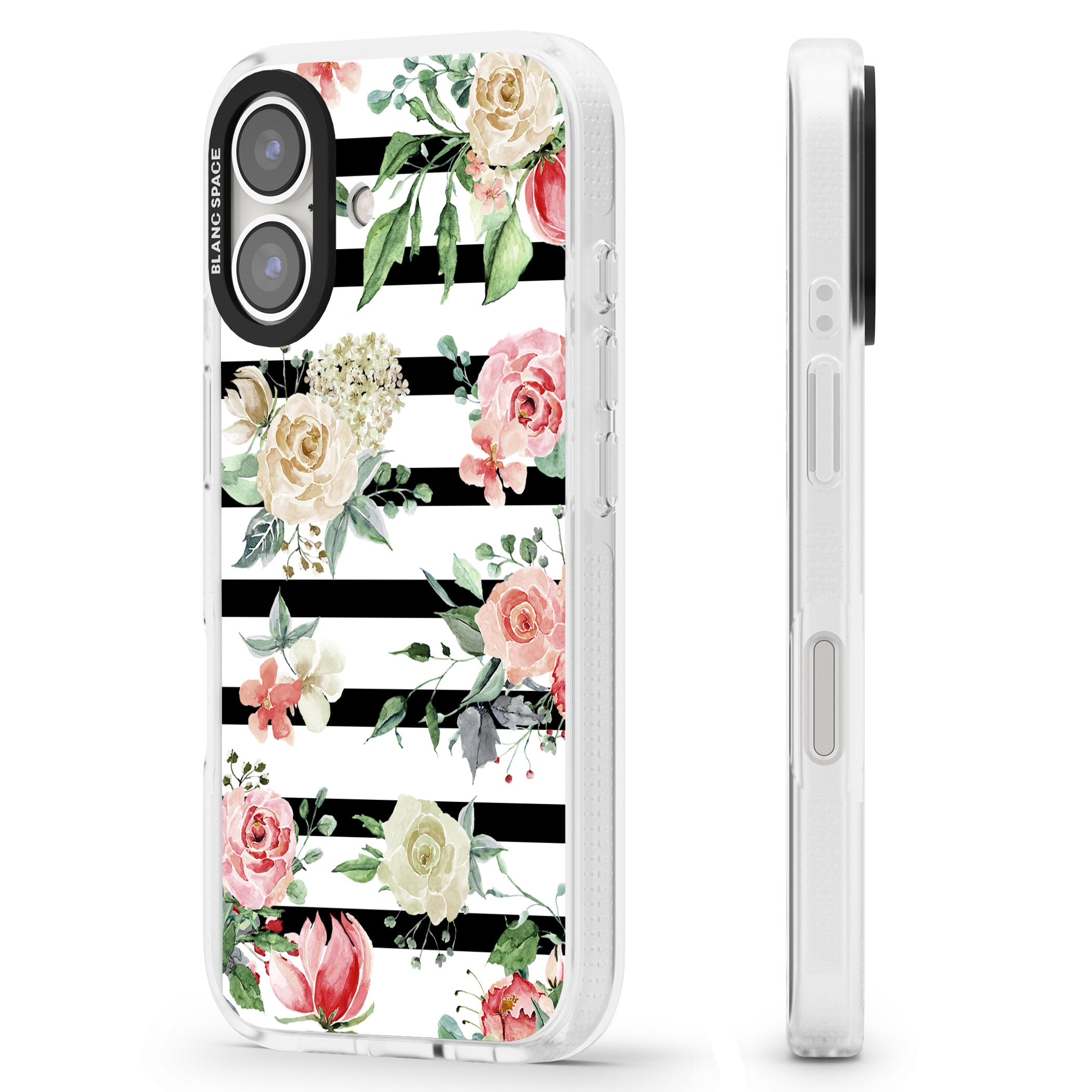 Bold Stripes & Flower Pattern iPhone 16 / 16 Plus Clear Case Impact Air - Blanc Space