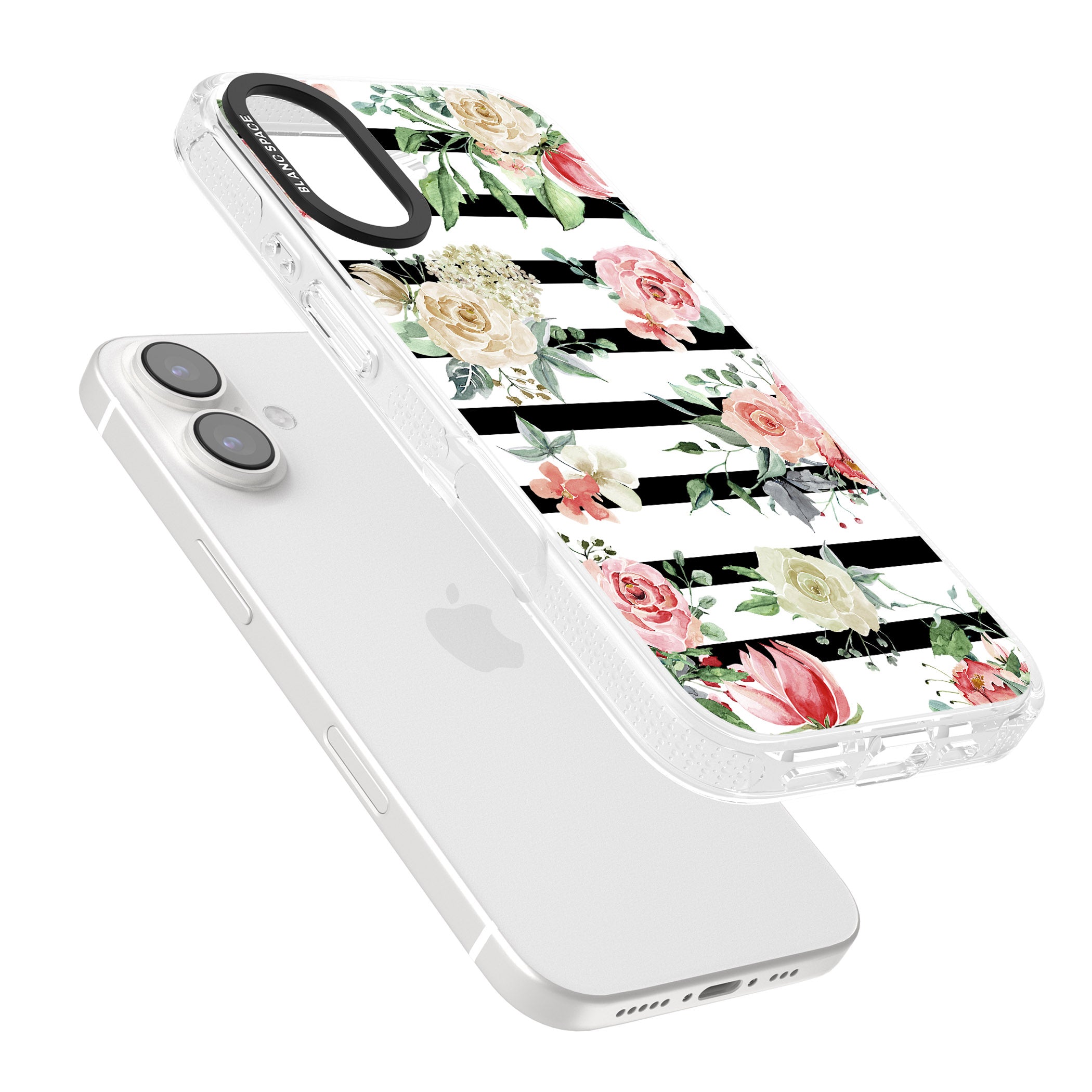 Bold Stripes & Flower Pattern iPhone 16 / 16 Plus Clear Case Impact Air - Blanc Space