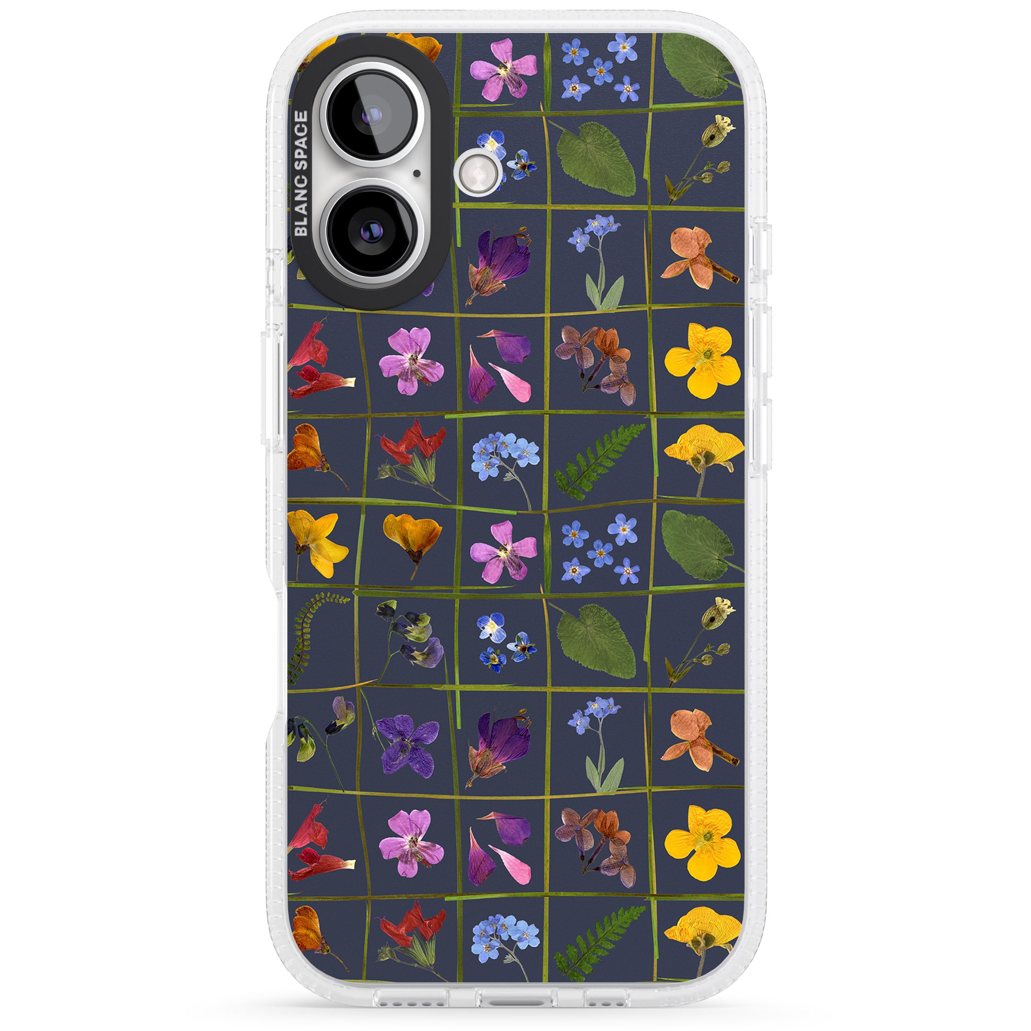 Wildflower Grid Boxes Pattern - Navy iPhone 16 / 16 Plus Clear Case Impact Air - Blanc Space