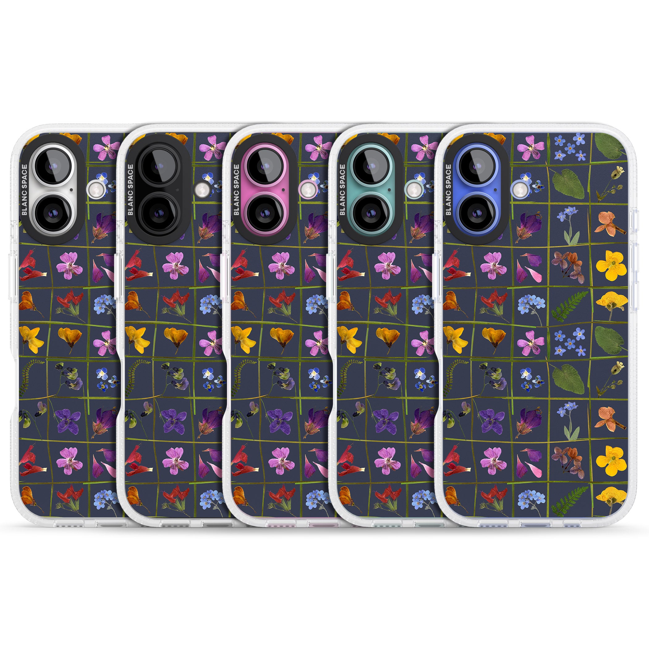 Wildflower Grid Boxes Pattern - Navy iPhone 16 / 16 Plus Clear Case Impact Air - Blanc Space