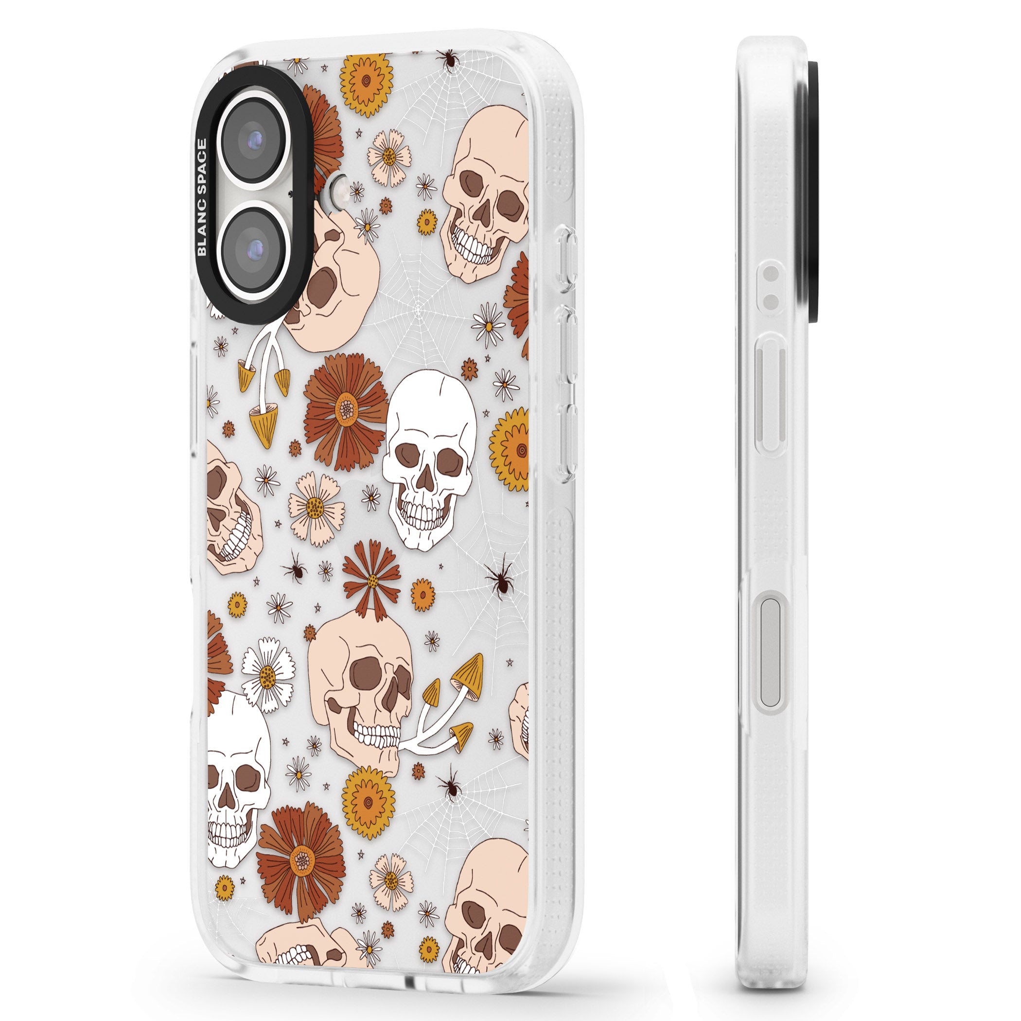 Halloween Skulls and Flowers iPhone 16 / 16 Plus Clear Case Impact Air - Blanc Space