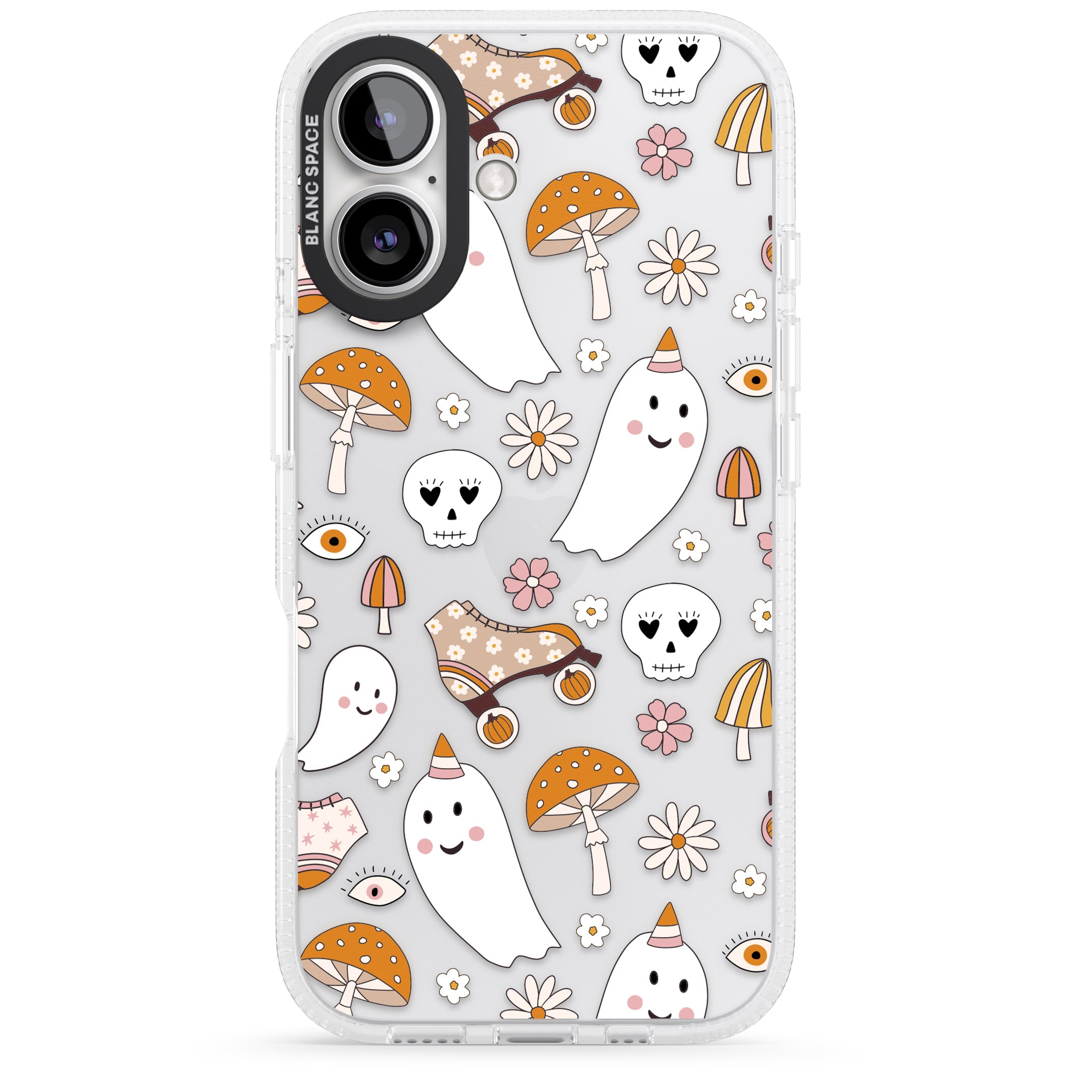 Cute Ghost and Skulls Pattern iPhone 16 / 16 Plus Clear Case Impact Air - Blanc Space