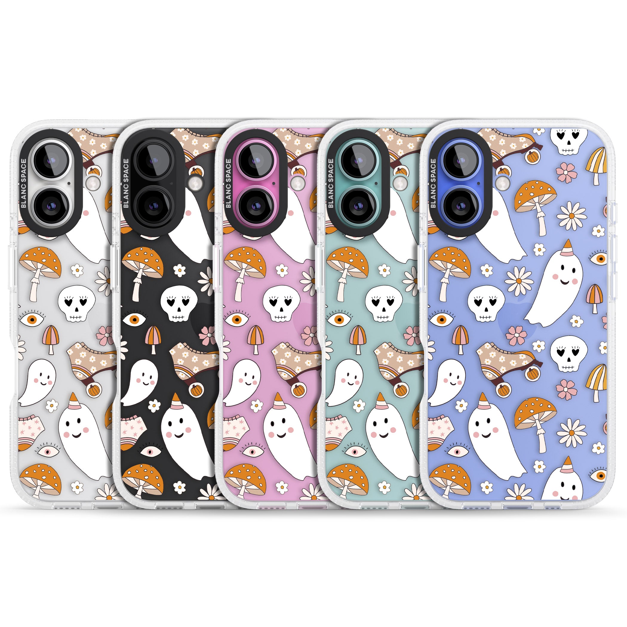 Cute Ghost and Skulls Pattern iPhone 16 / 16 Plus Clear Case Impact Air - Blanc Space