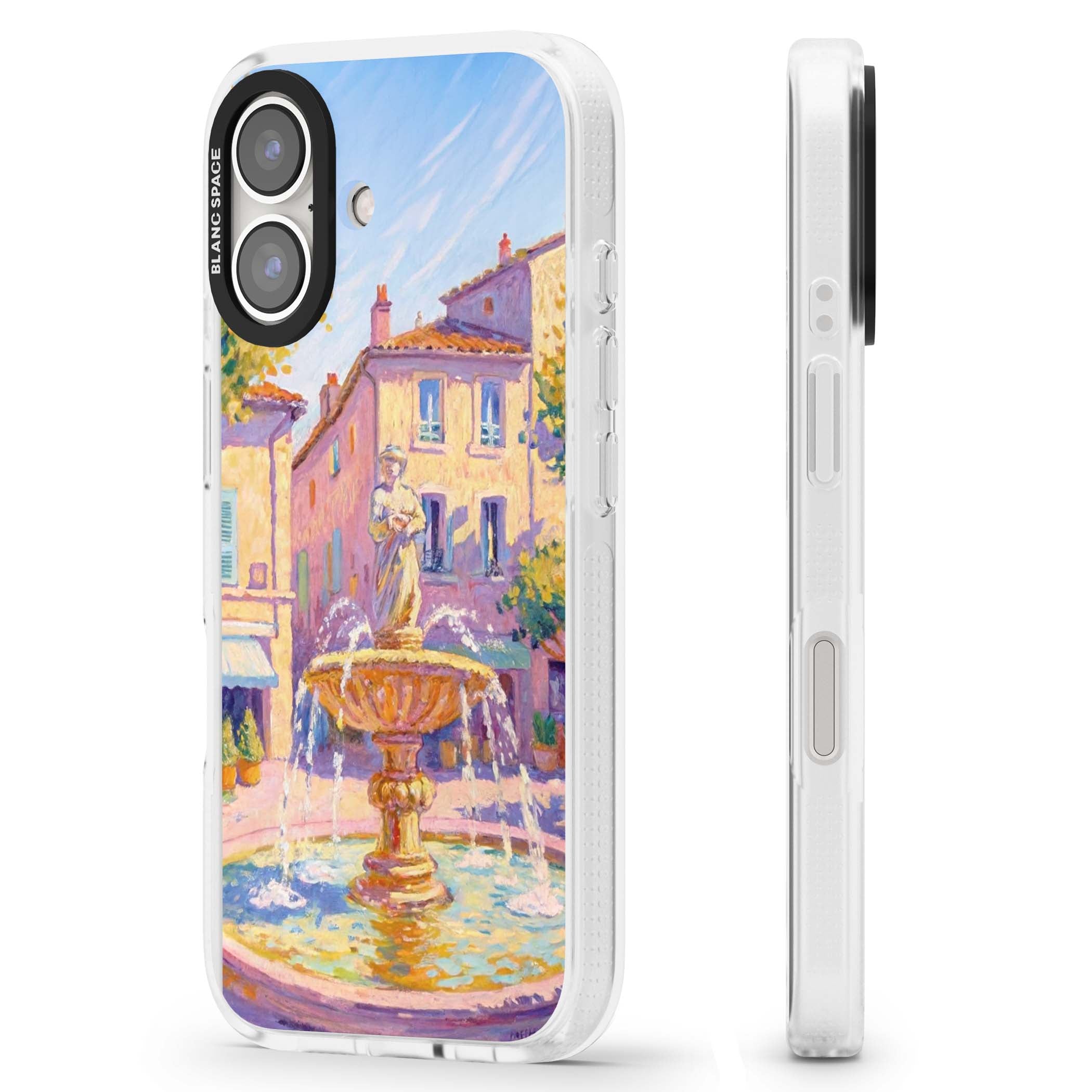 Fountain Square fine art iPhone case featuring an impressionist Provençal fountain, pastel village buildings and summe | Clear Case Impact Air case for iPhone 16, iPhone 16 Plus
