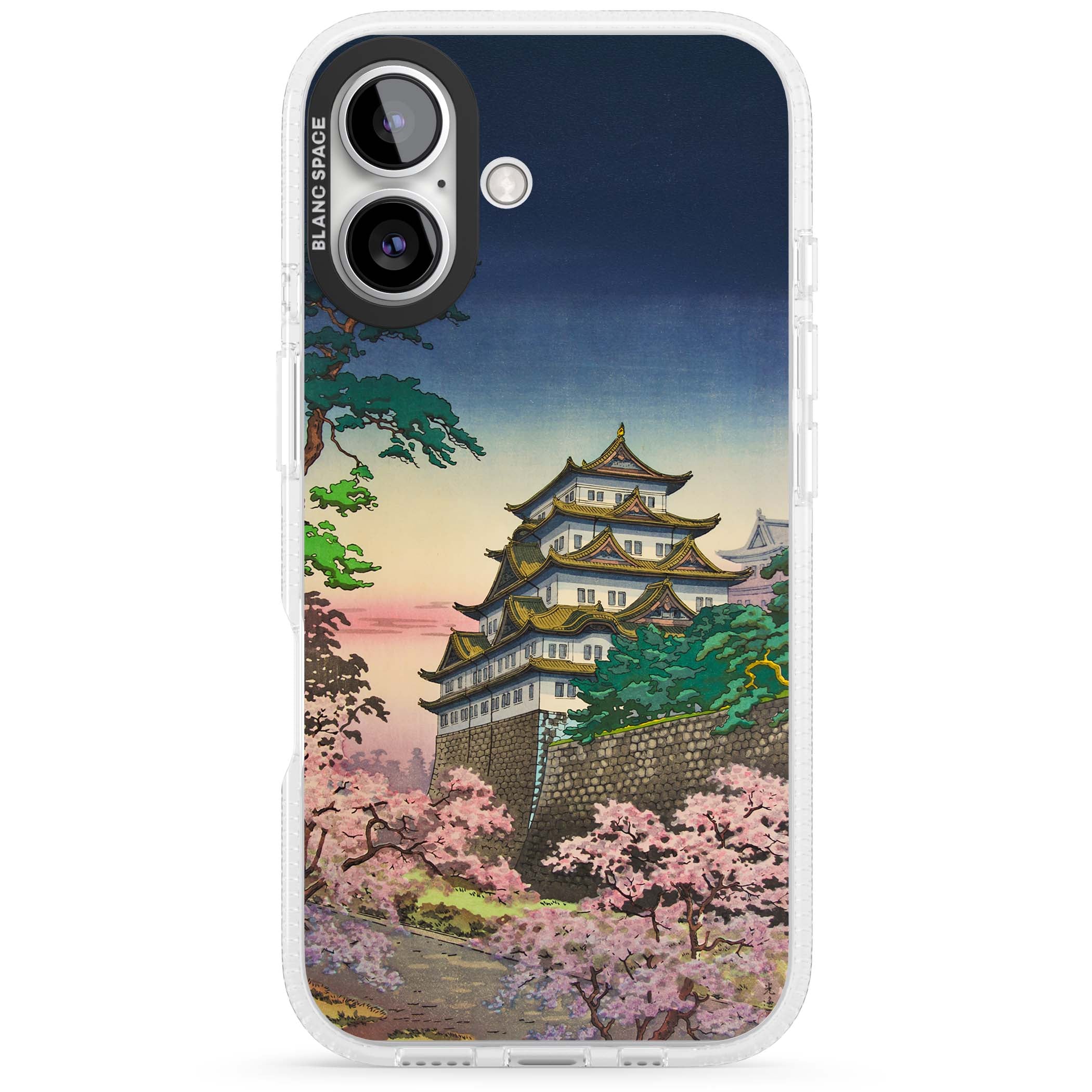 Nagoya Castle Japanese iPhone case featuring a vintage pagoda, twilight sky and cherry blossom trees | Clear Case Impact Air case for iPhone 16, iPhone 16 Plus
