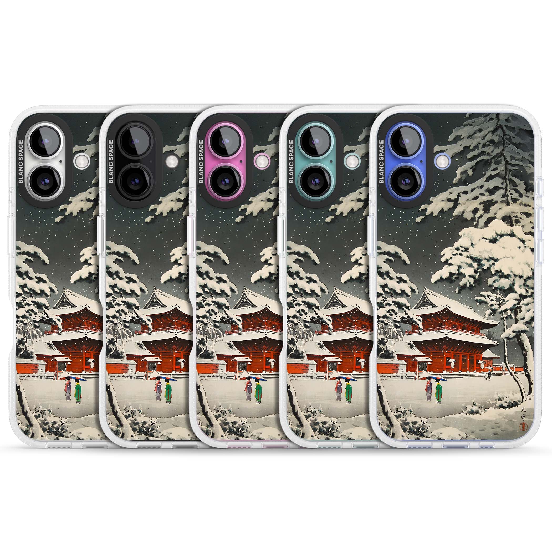 Snow at Shiha Park, Tokyo Japanese art iPhone case featuring a vintage ukiyo-e snowy temple, red pagoda, and snow-covered pin | Clear Case Impact Air case for iPhone 16, iPhone 16 Plus