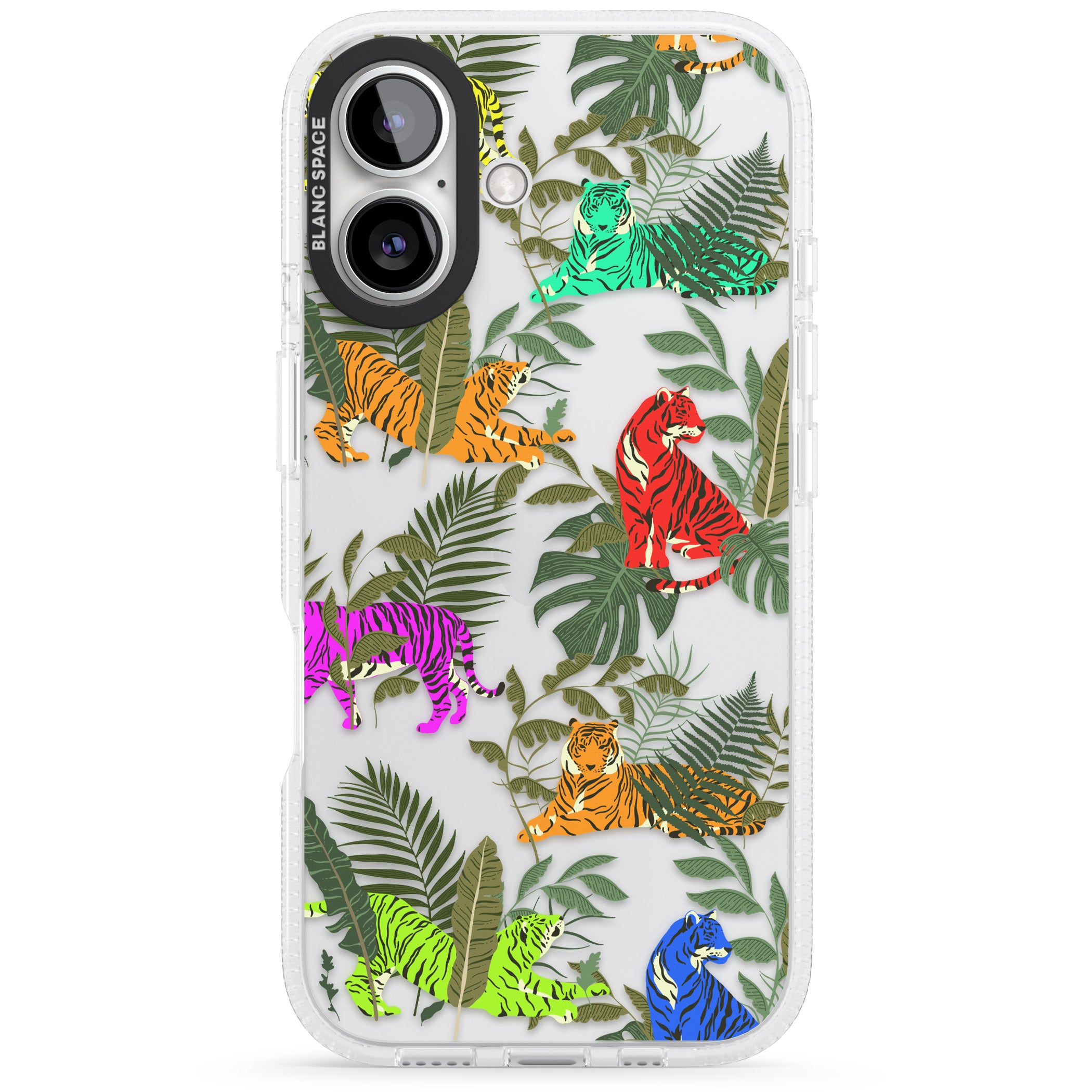 Colourful Tiger Jungle Cat Pattern iPhone 16 / 16 Plus Clear Case Impact Air - Blanc Space