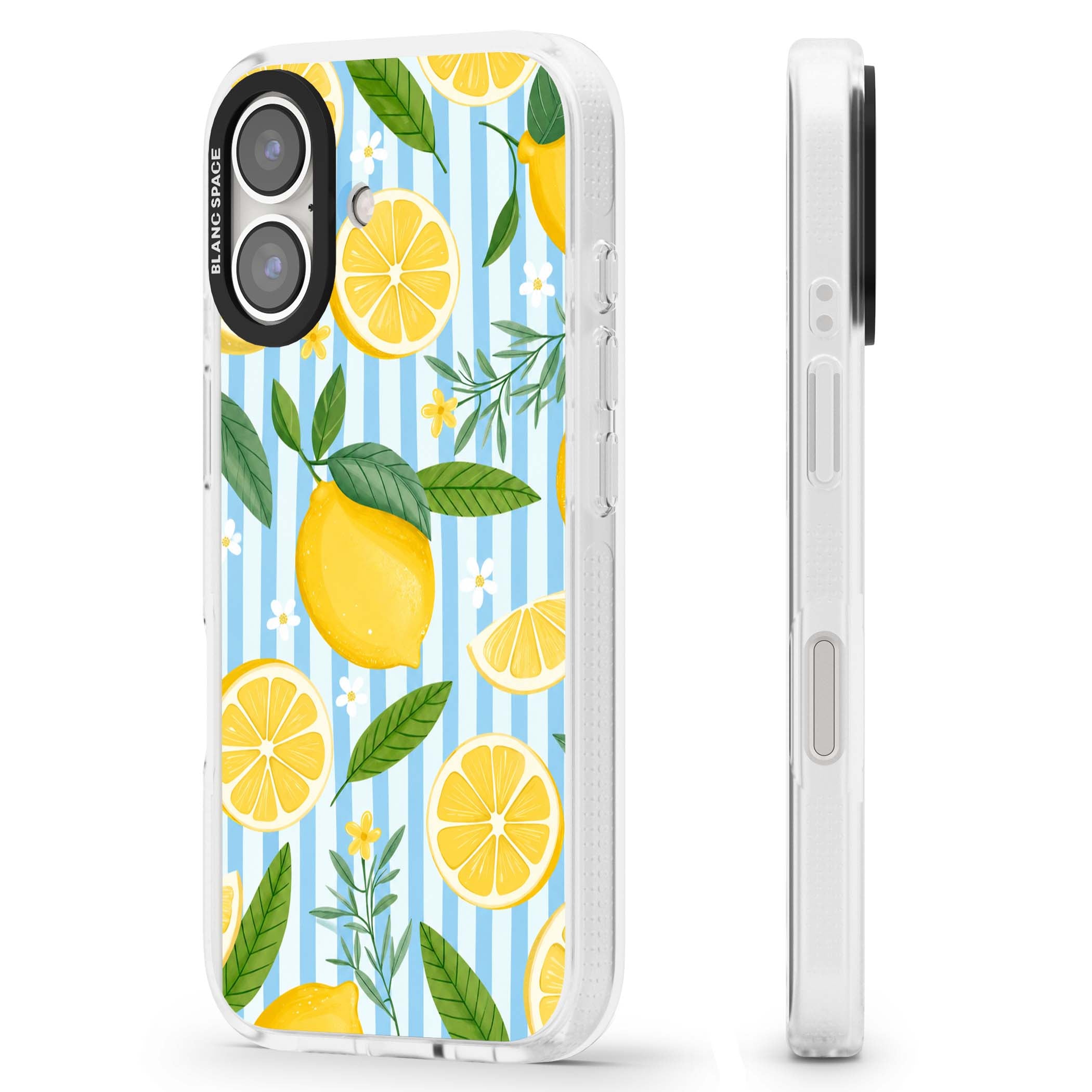 Capri Citrus Stripe coastal iPhone case featuring yellow lemons, blue stripes, and white daisy blossoms | Clear Case Impact Air case for iPhone 16, iPhone 16 Plus