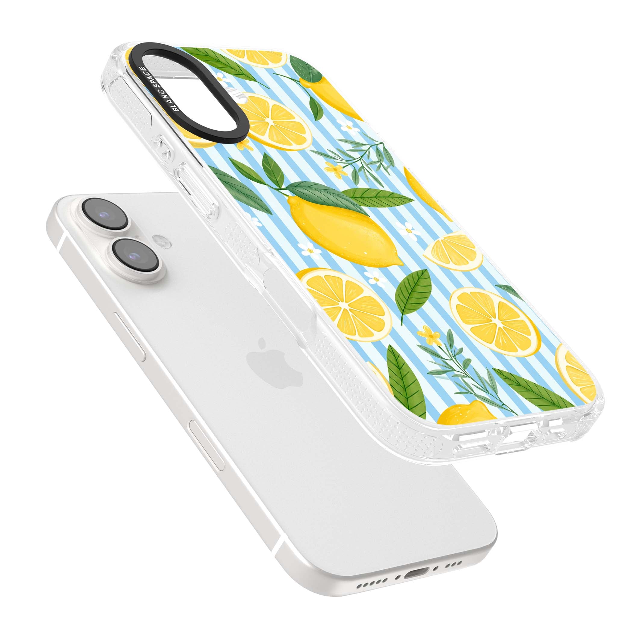 Capri Citrus Stripe coastal iPhone case featuring yellow lemons, blue stripes, and white daisy blossoms | Clear Case Impact Air case for iPhone 16, iPhone 16 Plus
