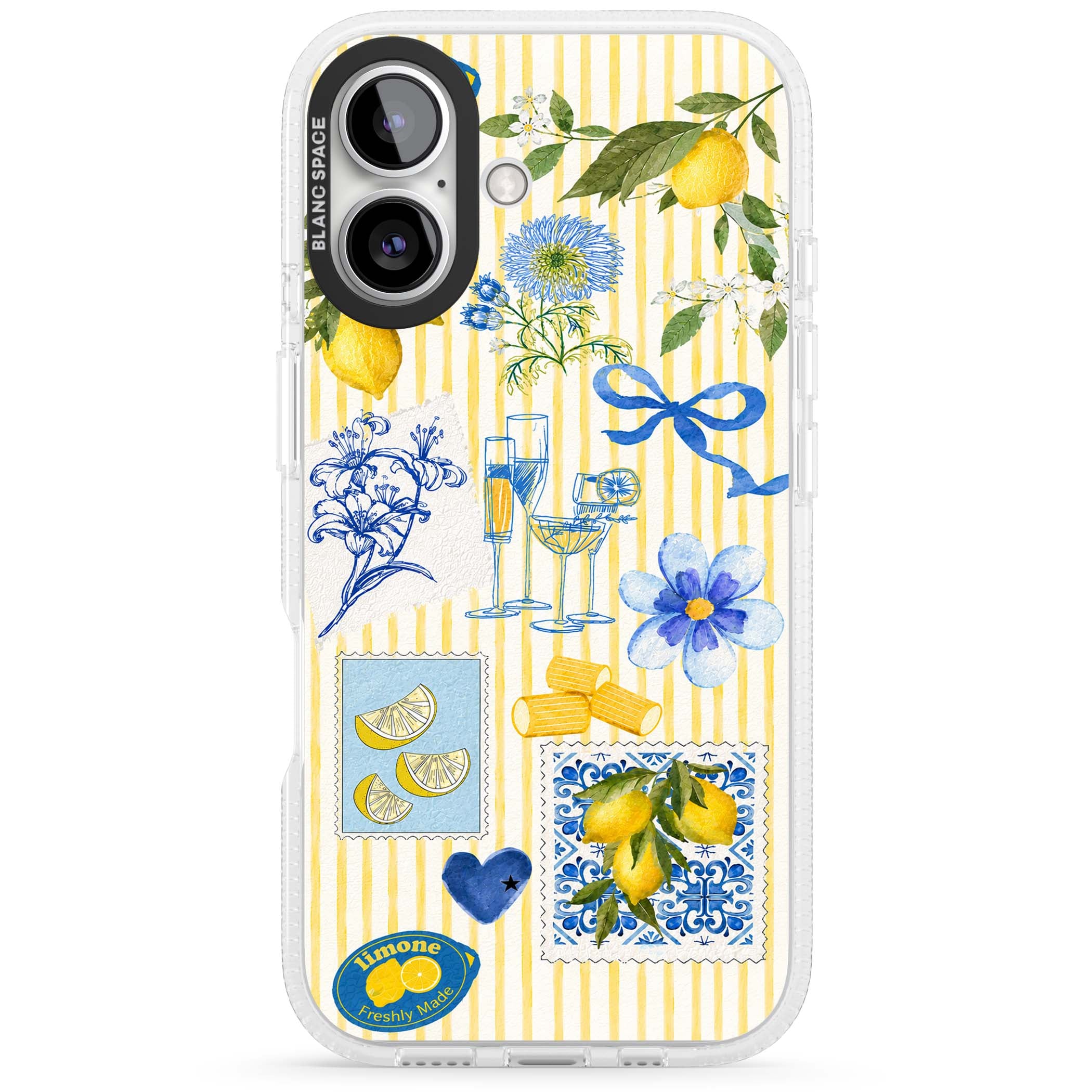 Limone Riviera Italian summer iPhone case featuring watercolour lemons, blue ribbon bows and majolica tile stamps on... | Clear Case Impact Air case for iPhone 16, iPhone 16 Plus