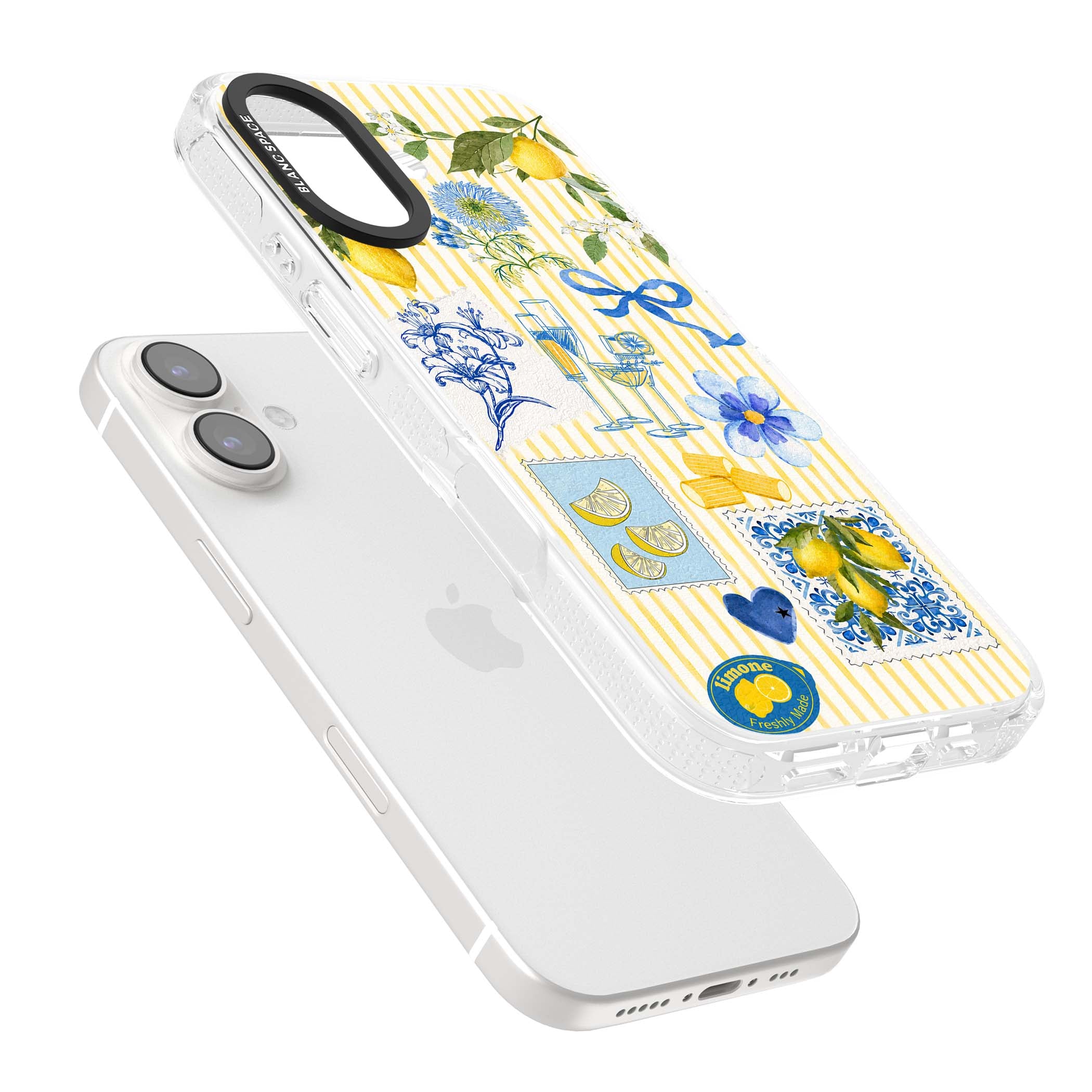Limone Riviera Italian summer iPhone case featuring watercolour lemons, blue ribbon bows and majolica tile stamps on... | Clear Case Impact Air case for iPhone 16, iPhone 16 Plus