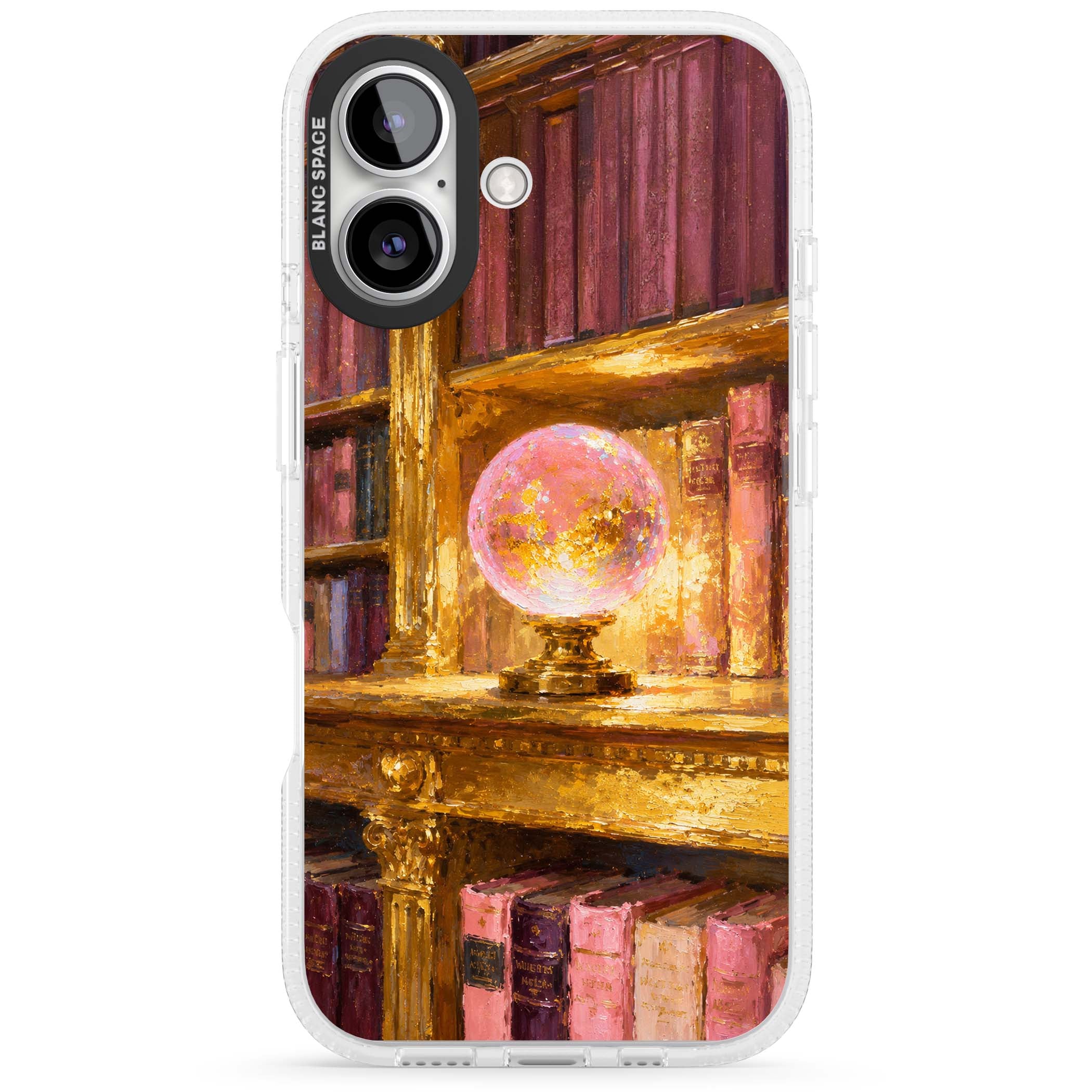 Gilded Library dark academia iPhone case featuring an oil painted crystal ball on a gilded library shelf with vintage | Clear Case Impact Air case for iPhone 16, iPhone 16 Plus
