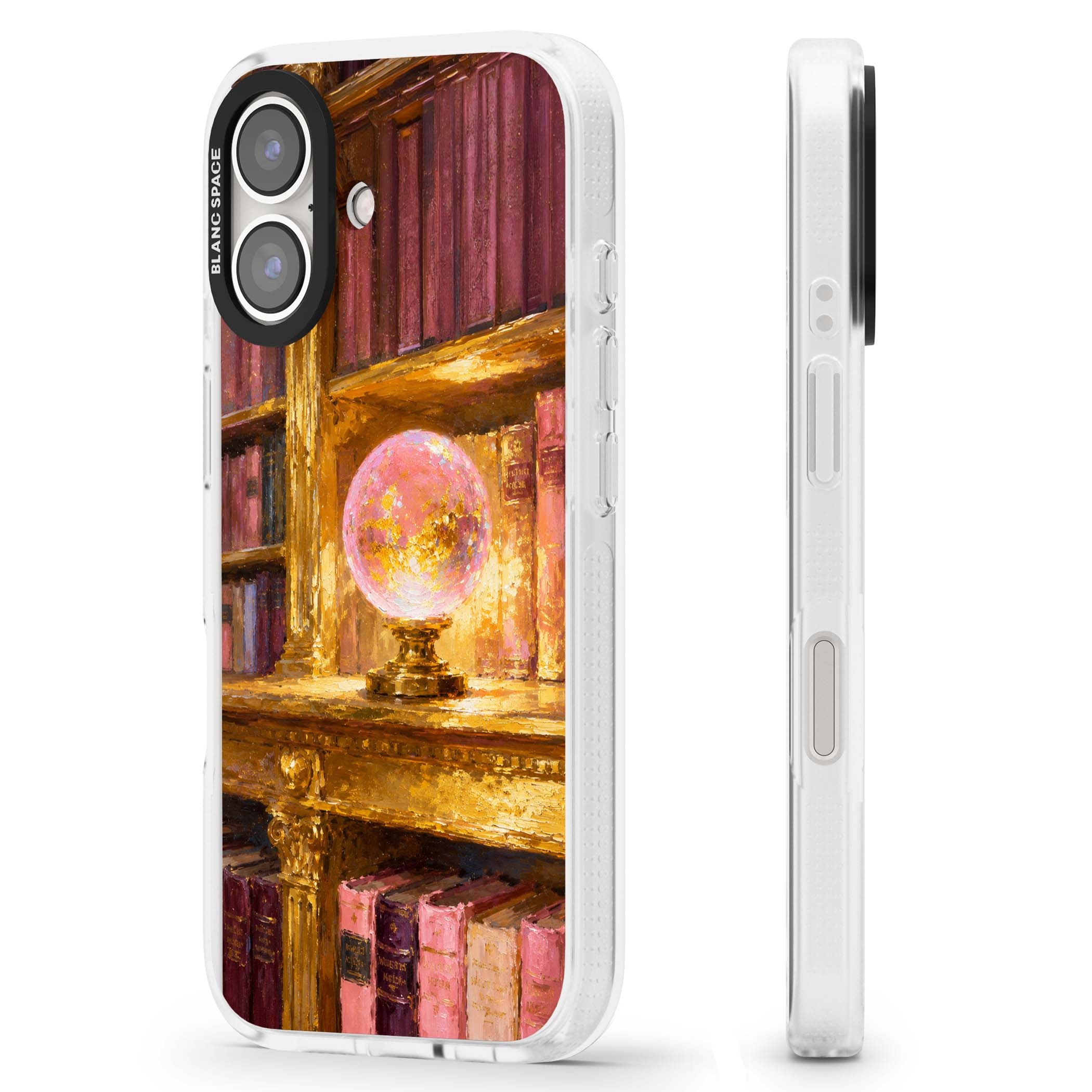 Gilded Library dark academia iPhone case featuring an oil painted crystal ball on a gilded library shelf with vintage | Clear Case Impact Air case for iPhone 16, iPhone 16 Plus