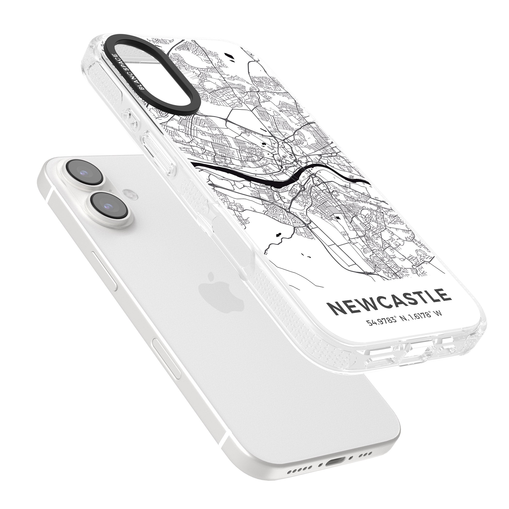 Map of Newcastle, England iPhone 16 / 16 Plus Clear Case Impact Air - Blanc Space