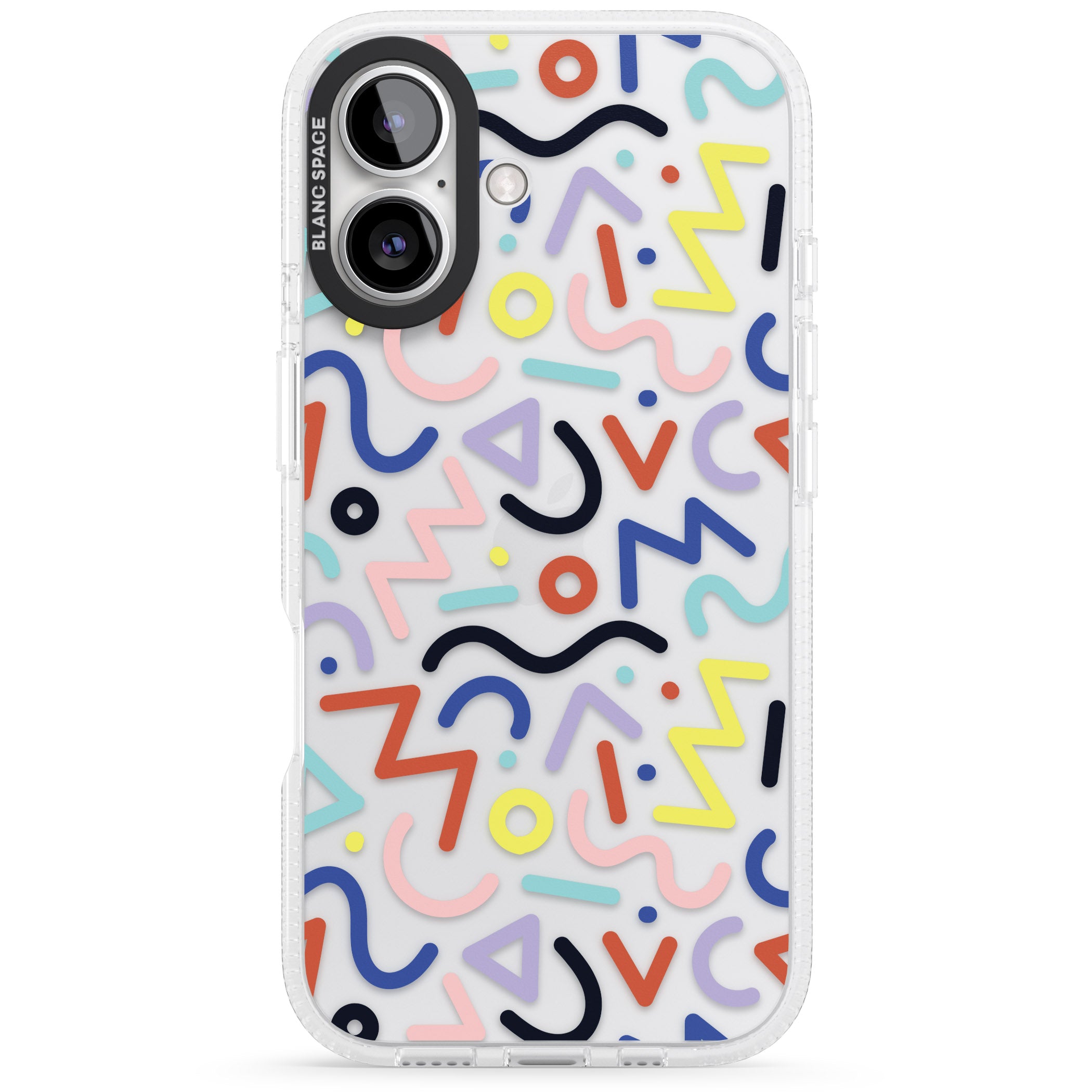 Colourful Squiggles Memphis Retro Pattern Design iPhone 16 / 16 Plus Clear Case Impact Air - Blanc Space