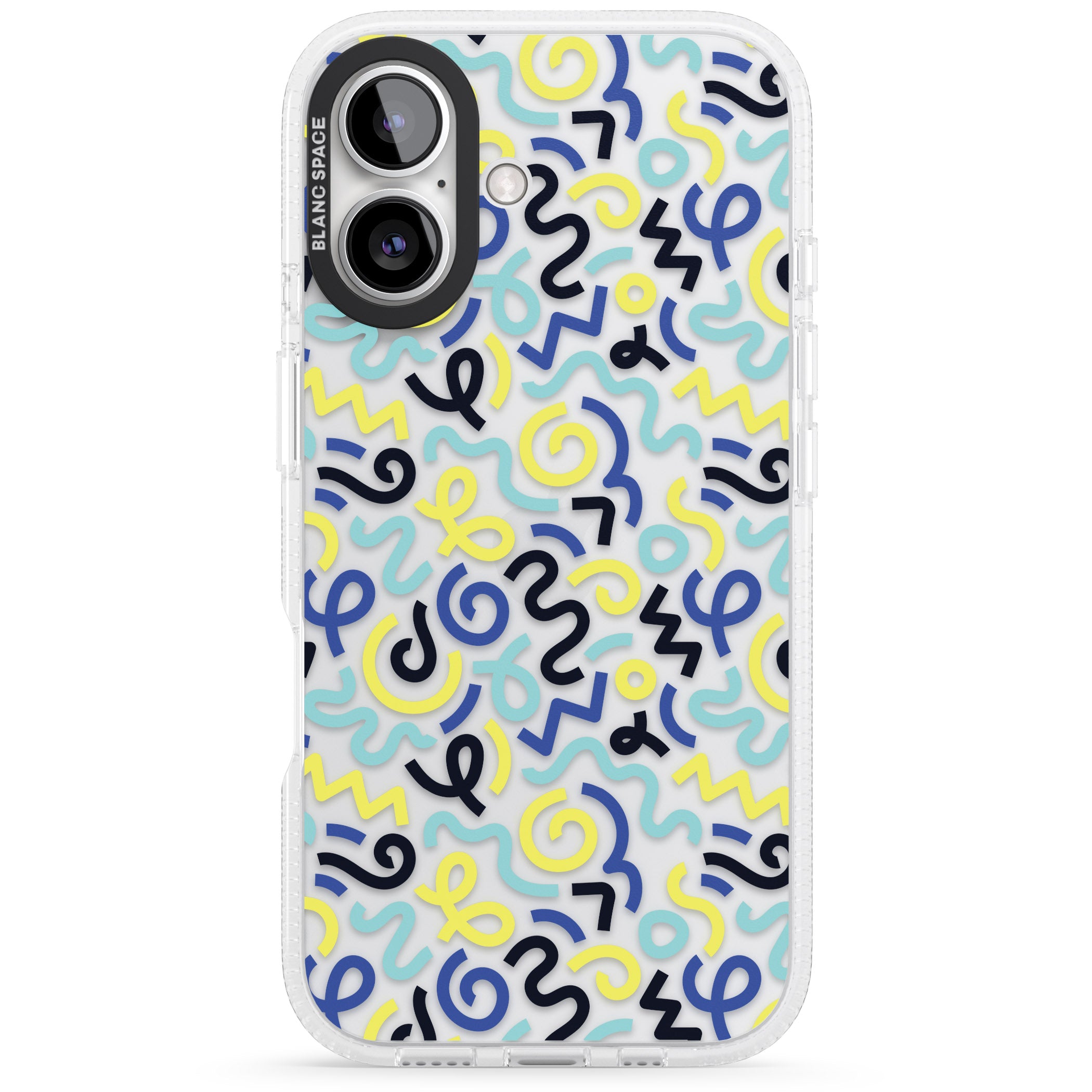 Blue & Yellow Shapes Memphis Retro Pattern Design iPhone 16 / 16 Plus Clear Case Impact Air - Blanc Space
