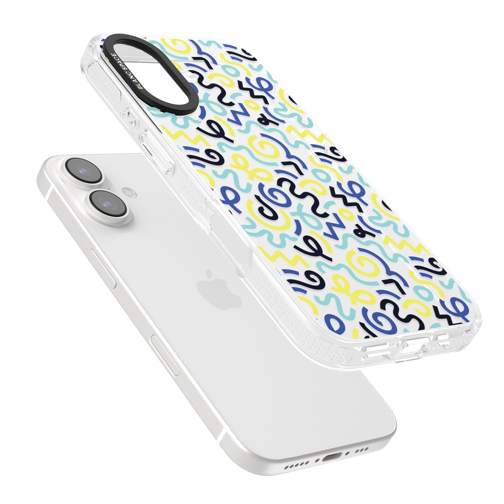 Blue & Yellow Shapes Memphis Retro Pattern Design iPhone 16 / 16 Plus Clear Case Impact Air - Blanc Space