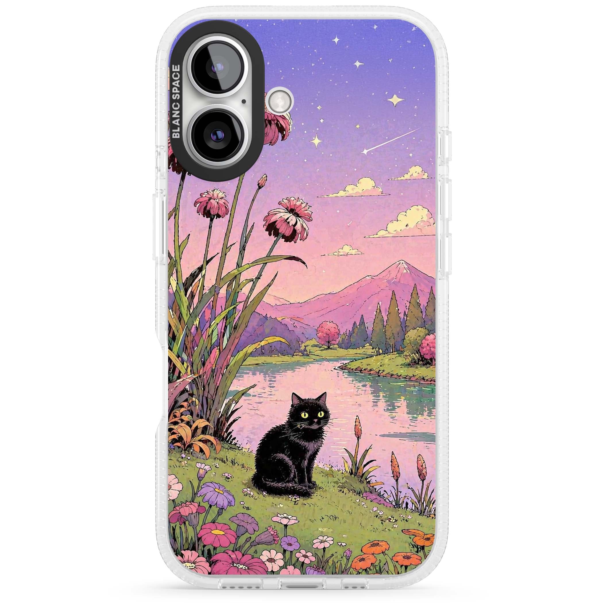 Mystic Whiskers ghibli iPhone case featuring a black cat by a pastel lake, wildflowers and a starry sunset sky | Clear Case Impact Air case for iPhone 16, iPhone 16 Plus