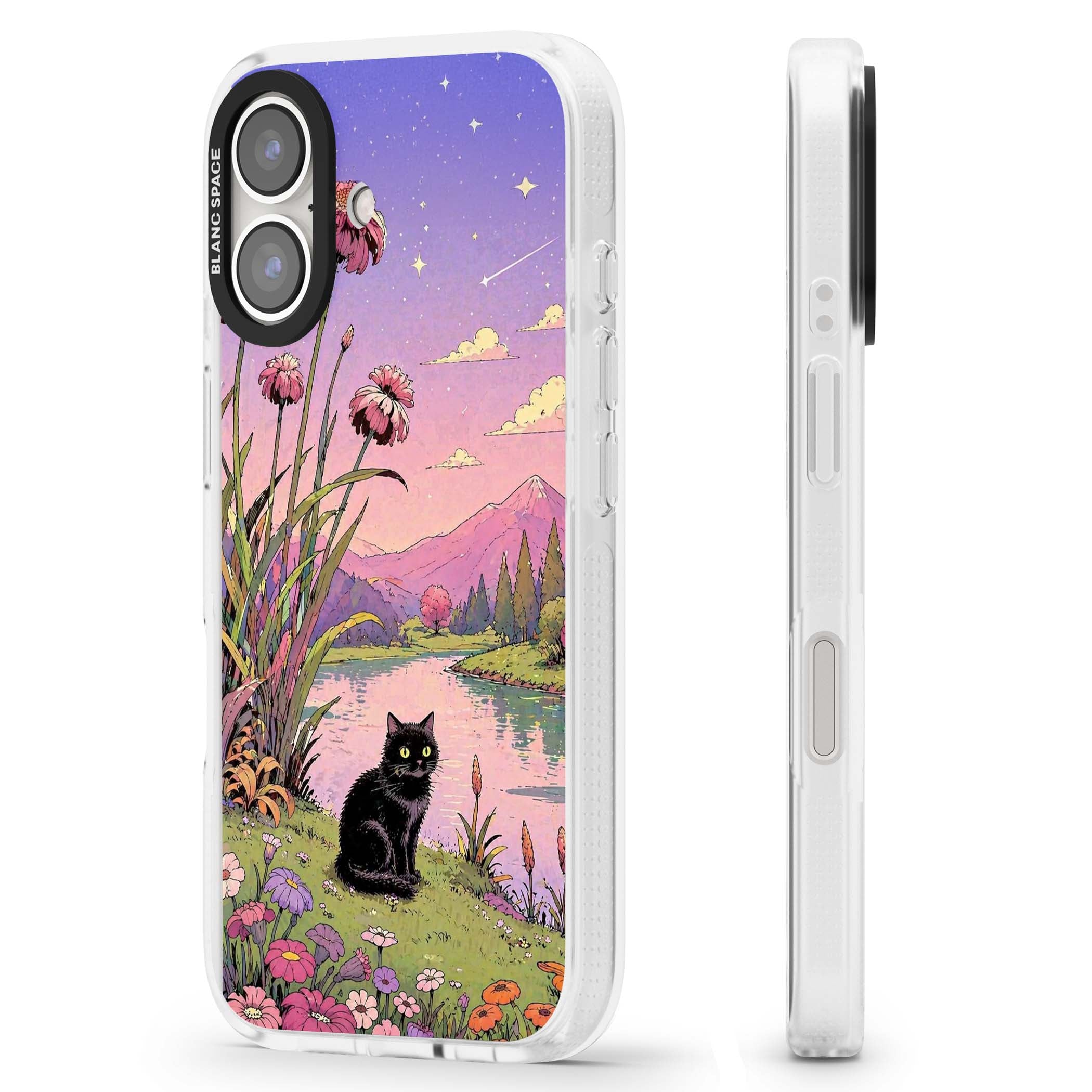 Mystic Whiskers ghibli iPhone case featuring a black cat by a pastel lake, wildflowers and a starry sunset sky | Clear Case Impact Air case for iPhone 16, iPhone 16 Plus