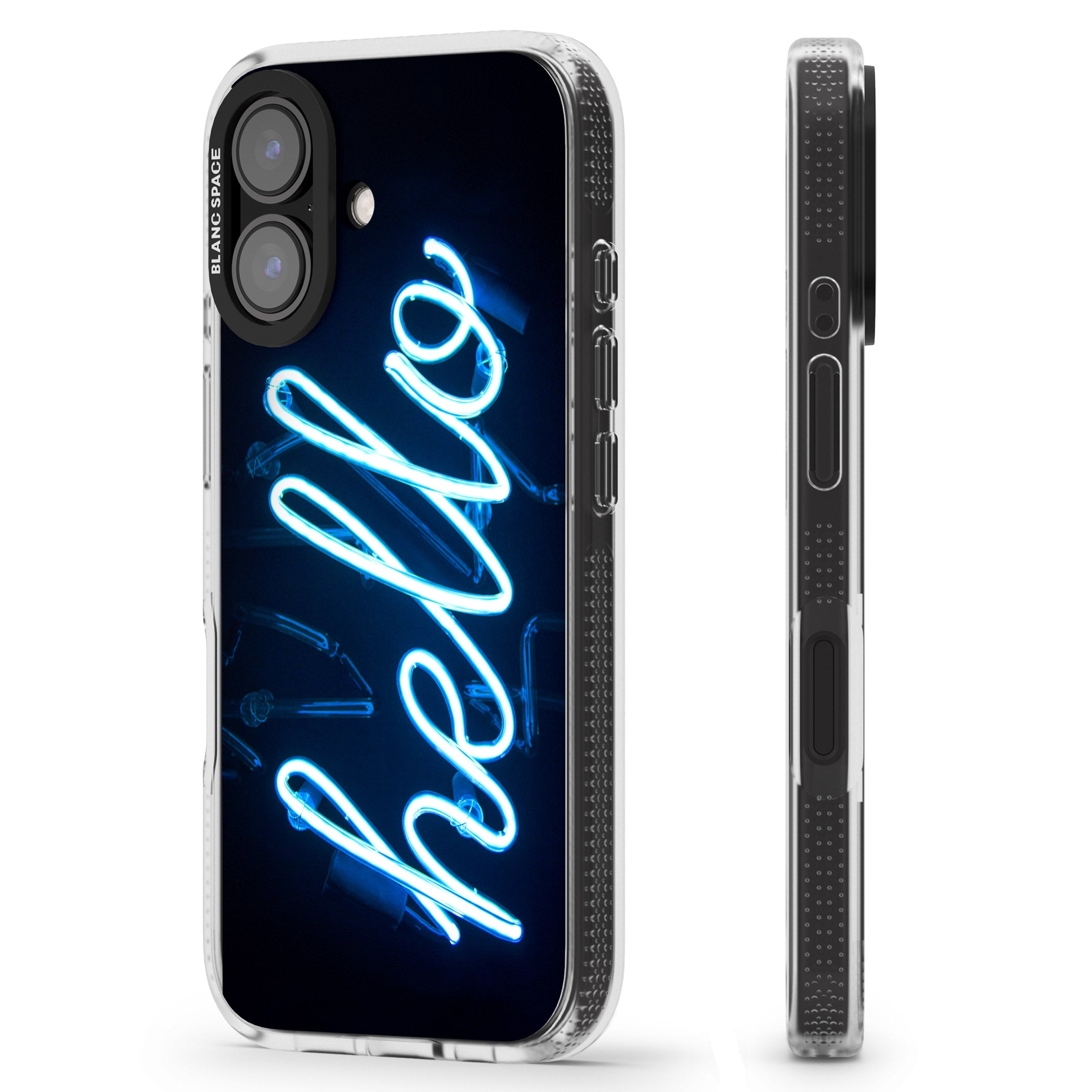 "Hello" Blue Cursive Neon Sign iPhone 16 / 16 Plus Clear Case Impact Air - Blanc Space