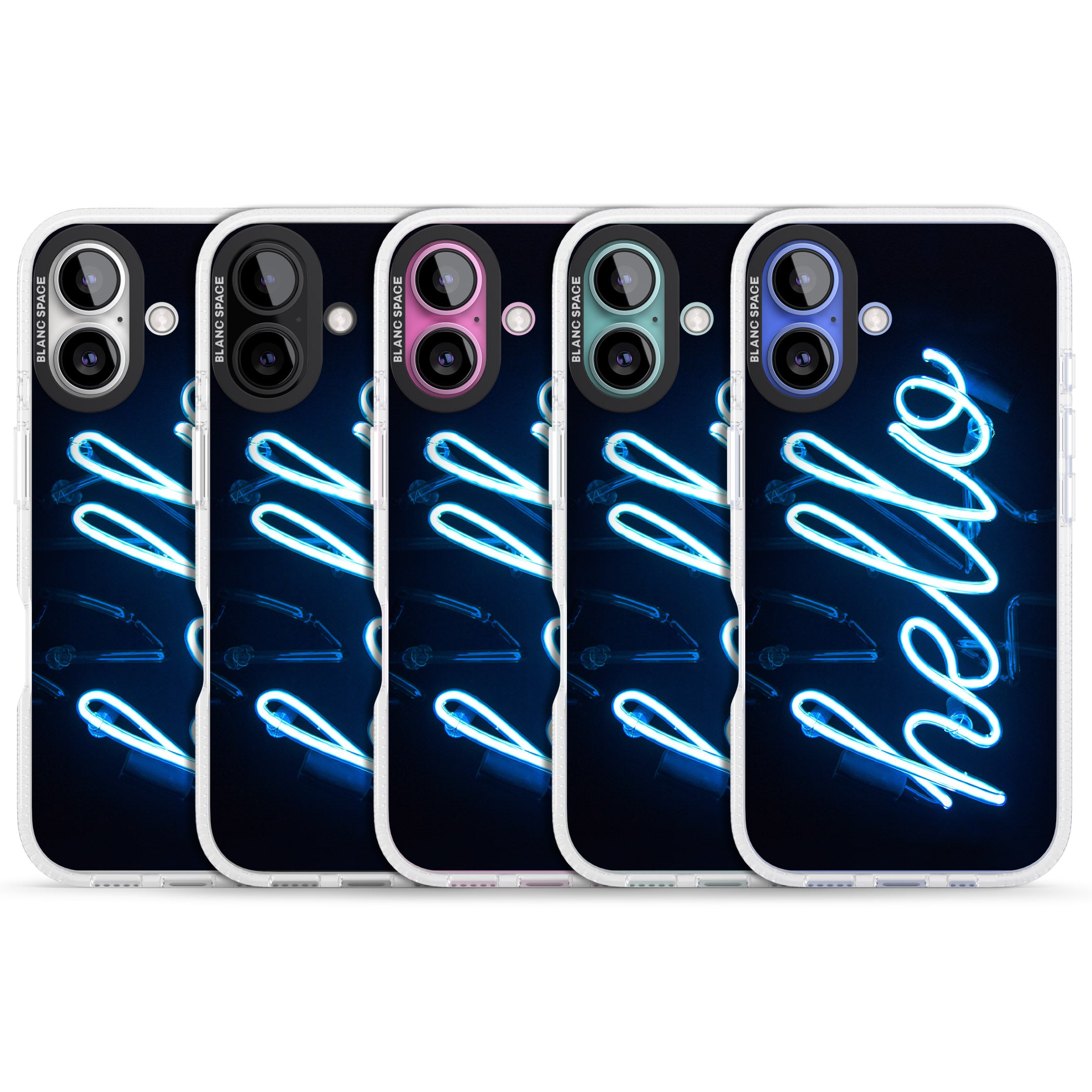 "Hello" Blue Cursive Neon Sign iPhone 16 / 16 Plus Clear Case Impact Air - Blanc Space