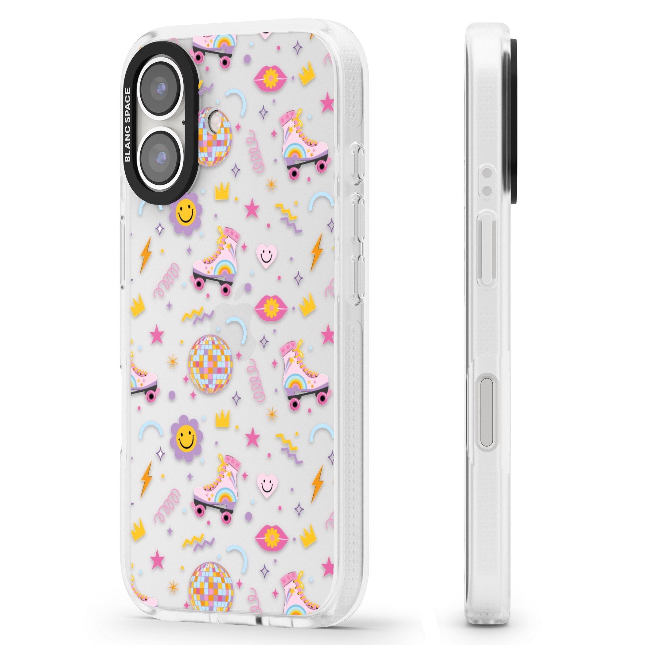 Roller Disco Pattern iPhone 16 / 16 Plus Clear Case Impact Air - Blanc Space